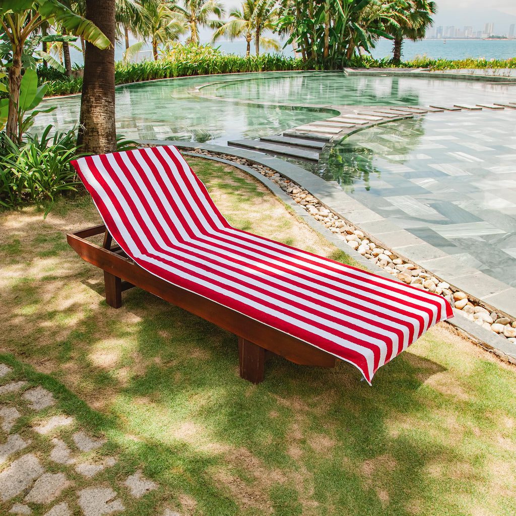 Arkwright California Chaise Lounge Cover - Pack Of 2 - Striped Soft Cotton Cabana Towel With Pocket Holder For Beach Pool Outdoor Chair, 30 X 85 In., Red