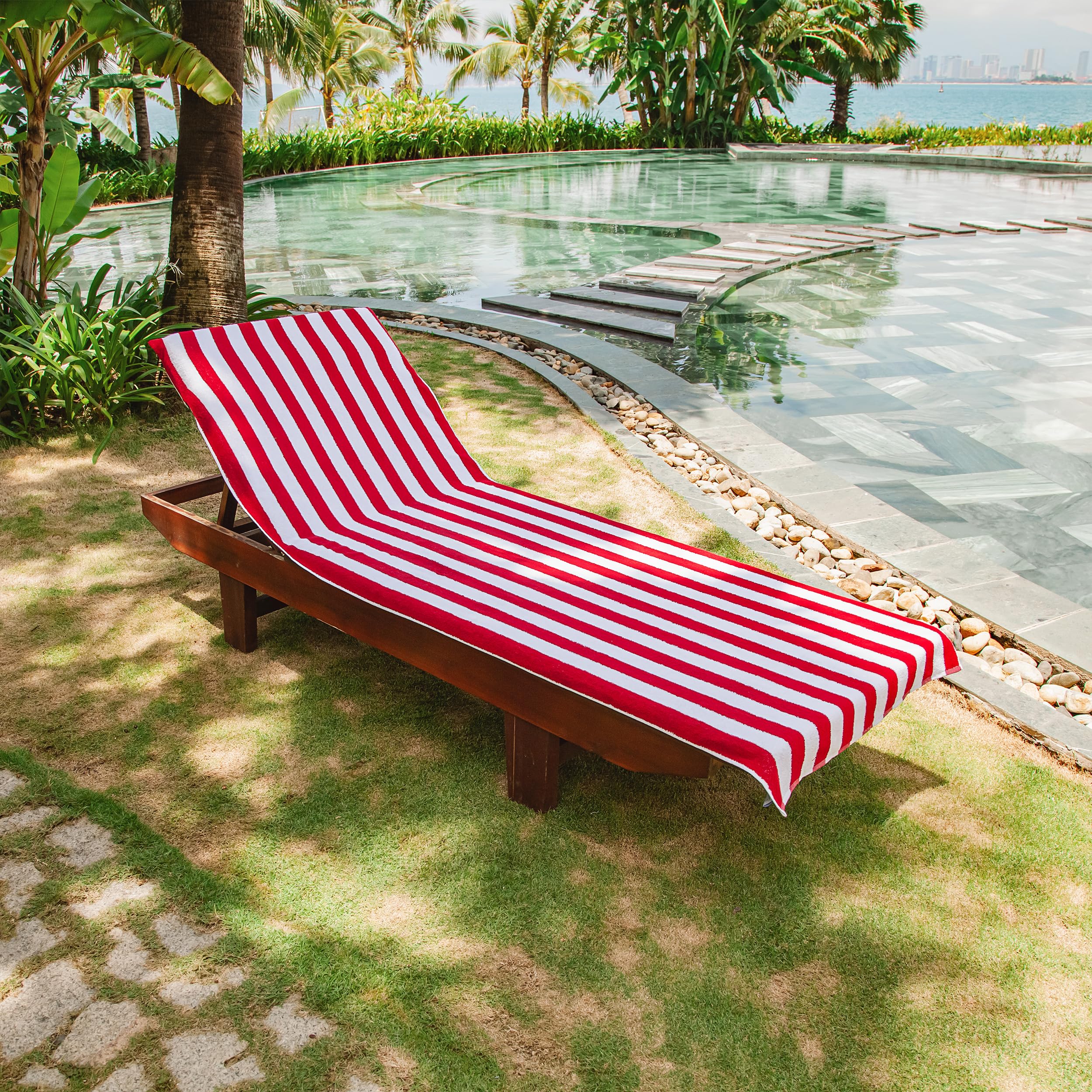 Arkwright California Chaise Lounge Cover - Pack Of 2 - Striped Soft Cotton Cabana Towel With Pocket Holder For Beach Pool Outdoor Chair, 30 X 85 In., Red