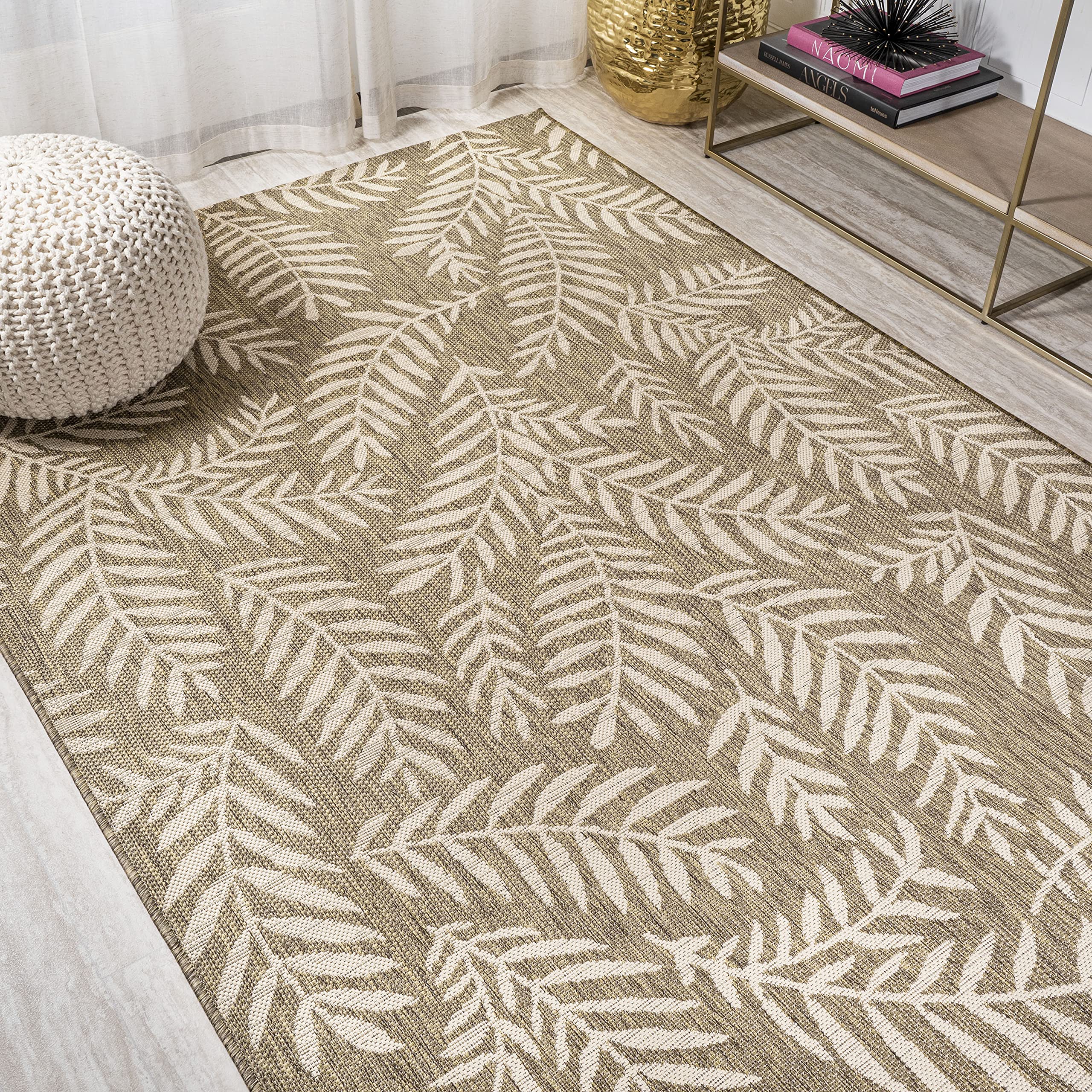 Jonathan Y Smb119A-3 Nevis Palm Frond Indoor Outdoor Area-Rug Coastal Floral Easy-Cleaning Bedroom Kitchen Backyard Patio Non Shedding, 3 X 5, Brown/Beige