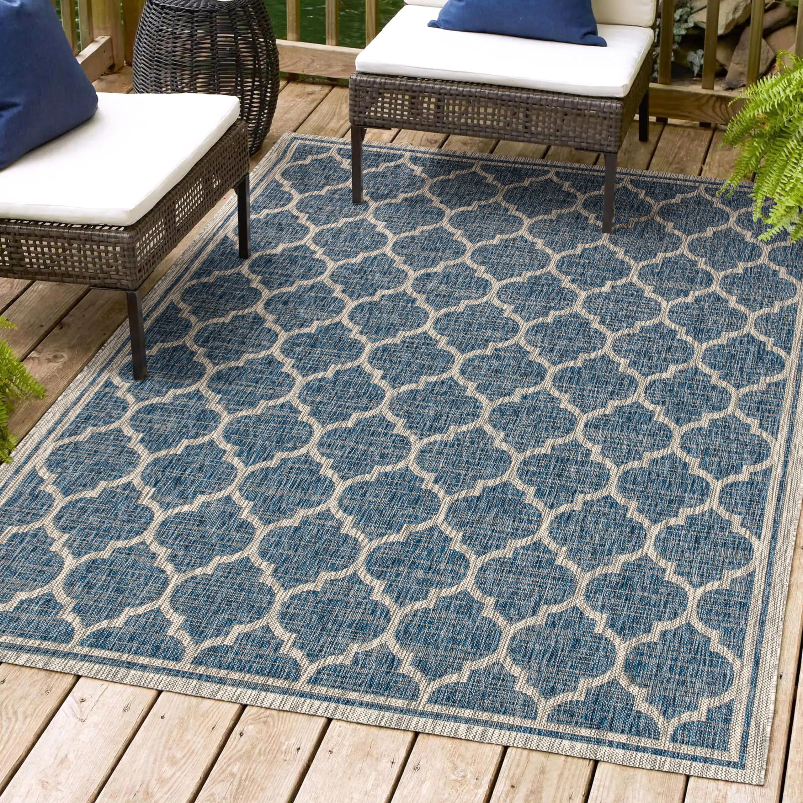 Jonathan Y Smb109D-4 Trebol Moroccan Trellis Textured Weave Indoor Outdoor Area-Rug Bohemian Modern Easy-Cleaning Bedroom Kitchen Backyard Patio Non Shedding, 4 X 6, Navy/Gray