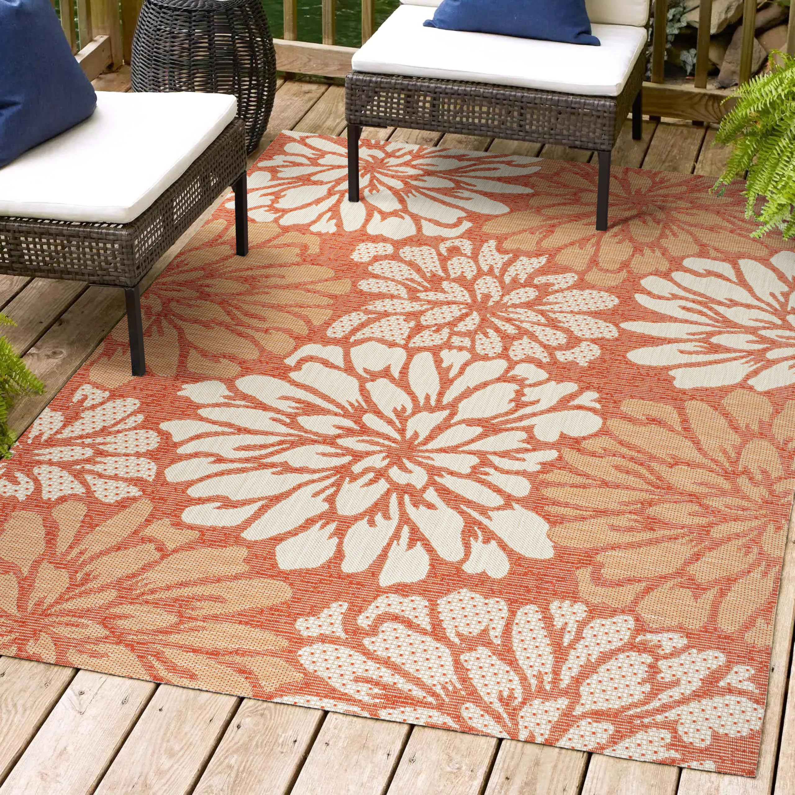 Jonathan Y Smb110E-8 Zinnia Modern Floral Textured Weave Indoor Outdoor Area-Rug, Bohemian Coastal Mediterranean Easy-Cleaning,Bedroom,Kitchen,Backyard,Patio,Non Shedding, 8 X 10, Orange/Cream