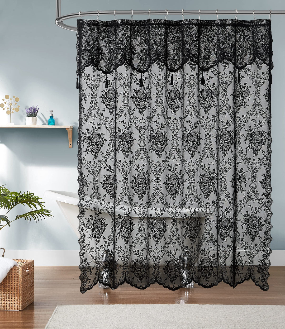 Warm Home Designs Black Lace Shower Curtain 72 X 96 Inches With Attached Valance & 7 Tassels. Luxury Farmhouse Shower Curtains F