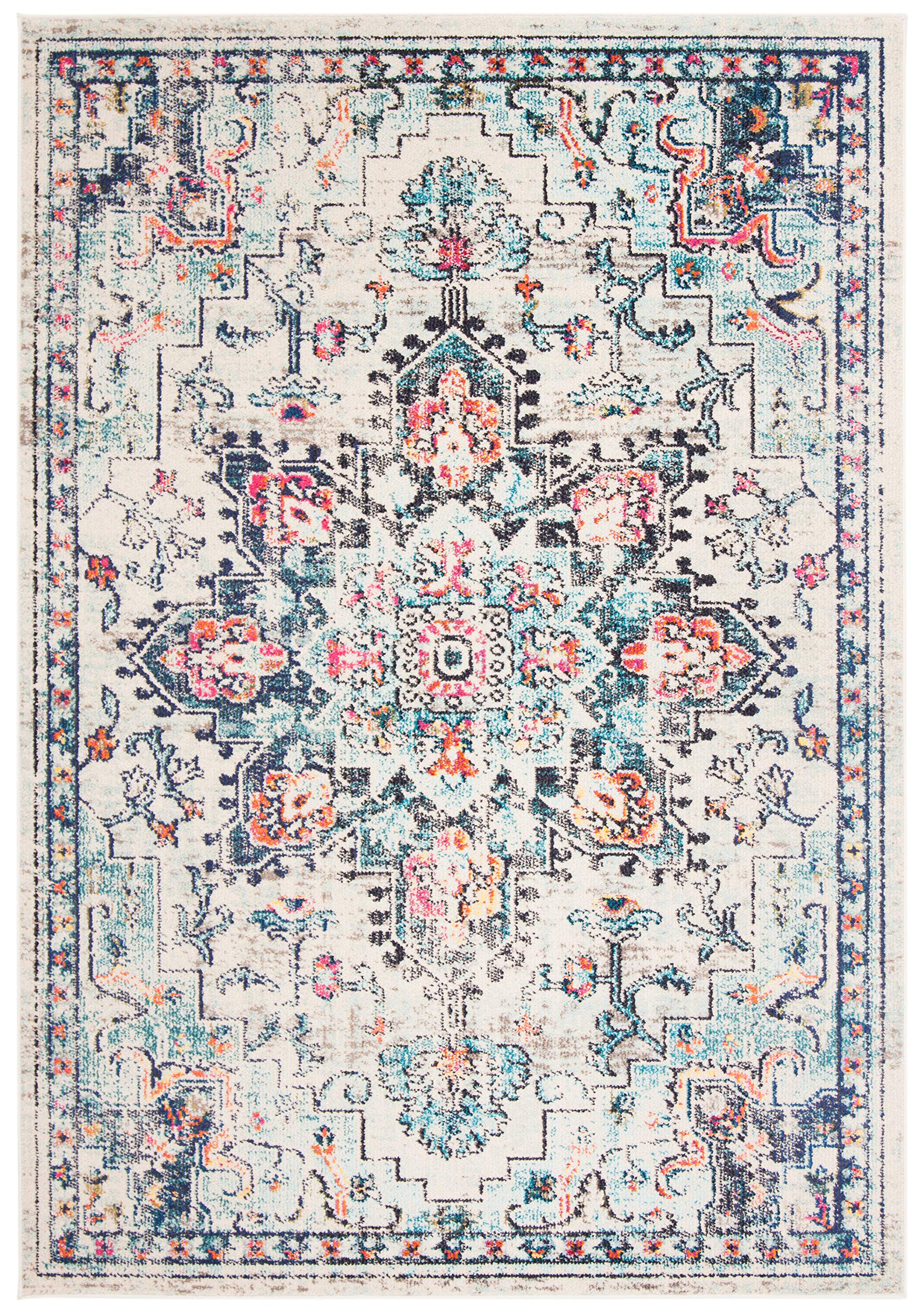 SAFAVIEH Madison Collection Accent Rug - 22 x 4, Cream & Blue, Medallion Distressed Design, Non-Shedding & Easy Care, Ideal fo