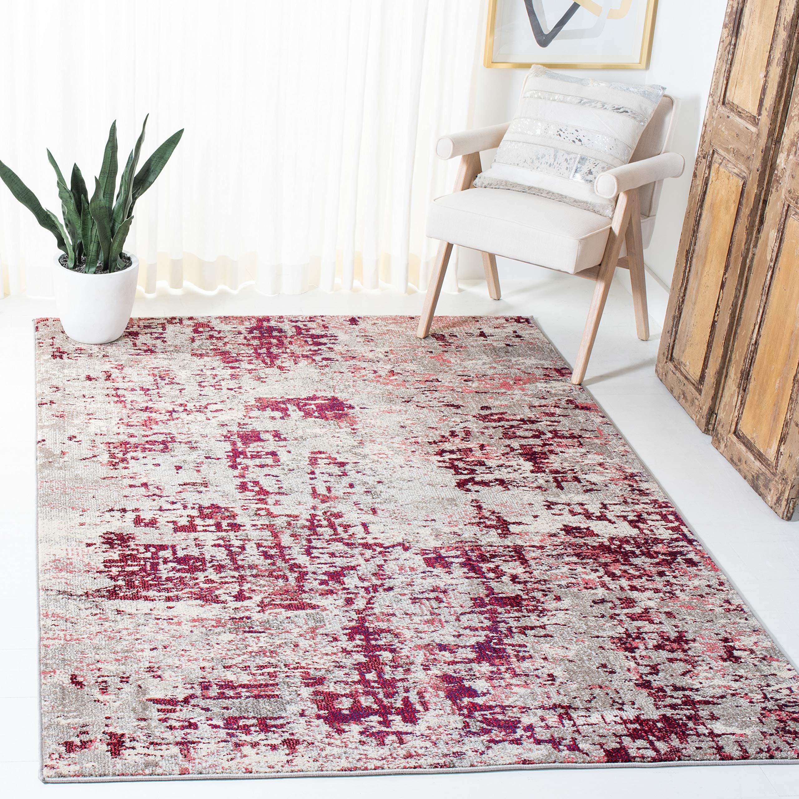 SAFAVIEH Madison Collection 6 x 9 BeigeWine MAD471C Modern Abstract Non-Shedding Living Room Bedroom Area Rug