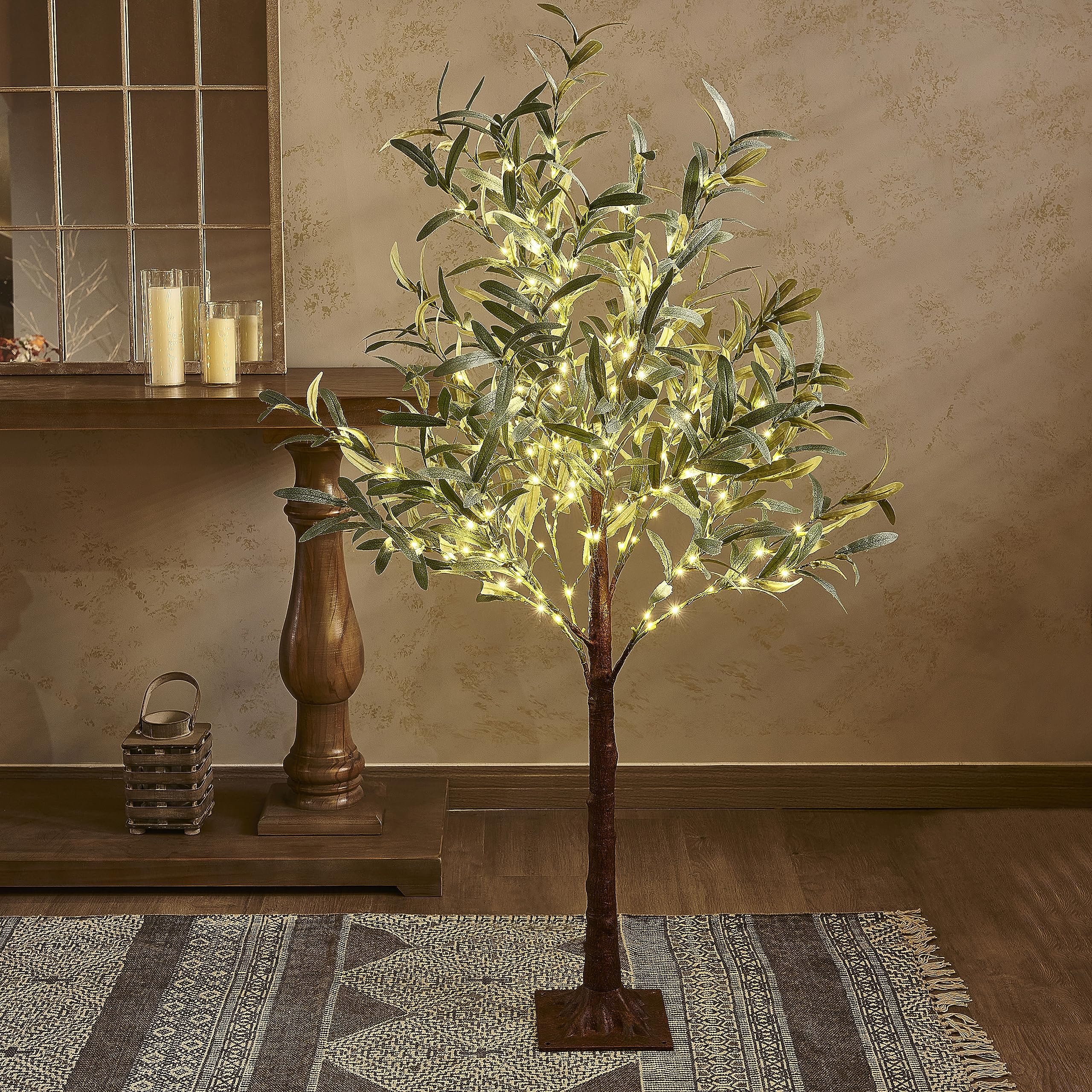 Hairui Lighted Olive Tree Plug-in 4FT 160 Warm White LED Artificial Greenery Tree with Lights for Wedding Christmas Holiday Home