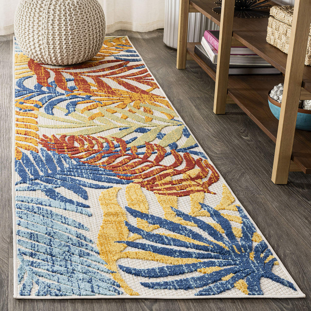 Jonathan Y Amc100B-28 Tropics Palm Leaves Indoor Outdoor Area-Rug Bohemian Floral Easy-Cleaning High Traffic Bedroom Kitchen Backyard Patio Porch Non Shedding, 2 X 8, Cream/Orange