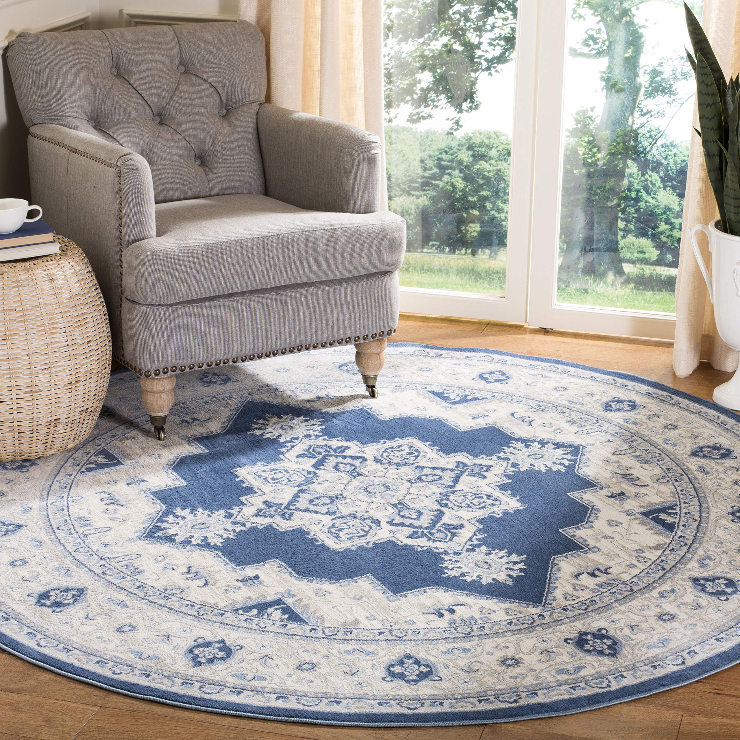 SAFAVIEH Brentwood Collection 8 Square Navy/Cream BNT865N Medallion Distressed Non-Shedding Area Rug