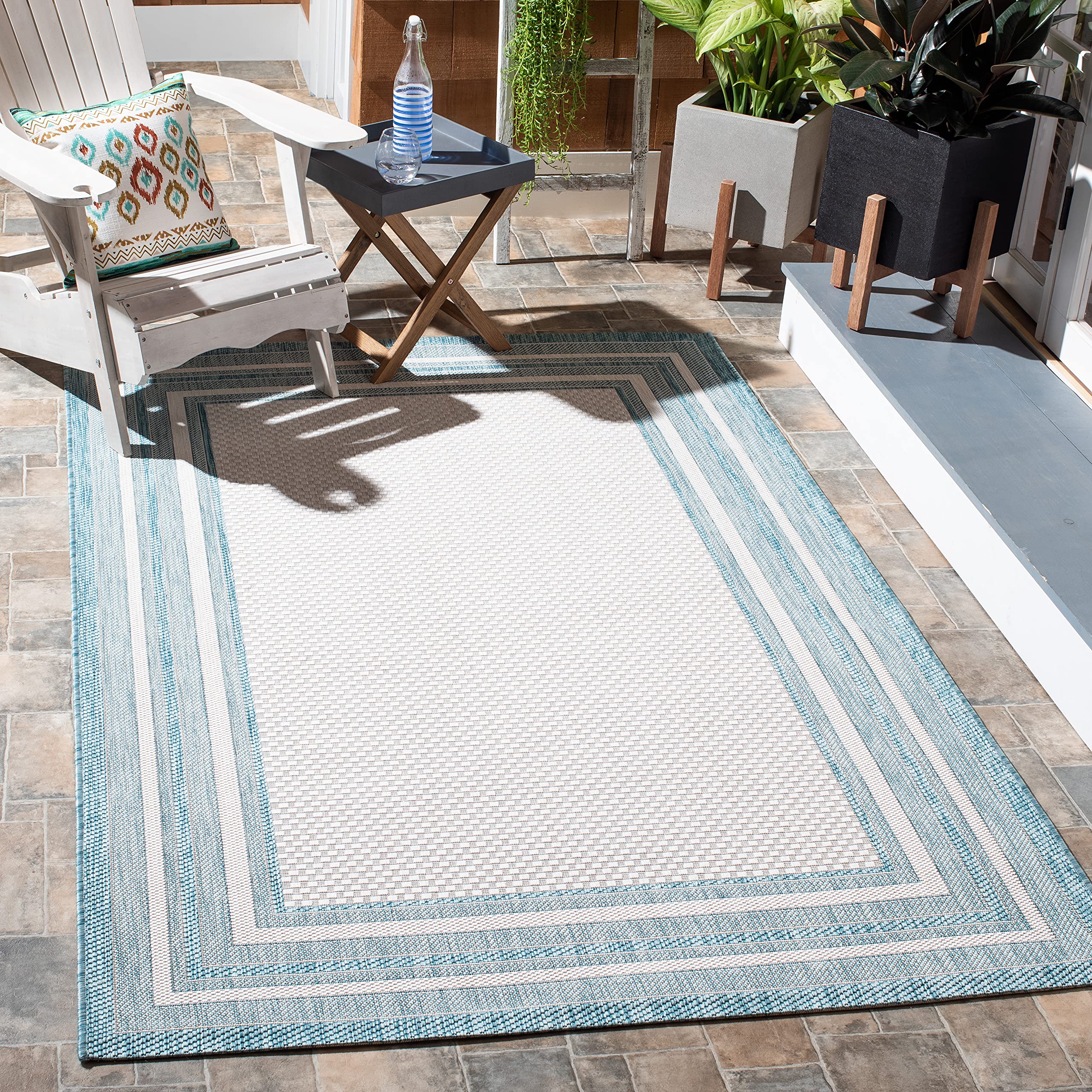 Safavieh Courtyard Collection 6'7' Square Ivory / Aqua Cy8475 Indoor-Outdoor Waterproof Easy-Cleaning Patio Backyard Mudroom Ar