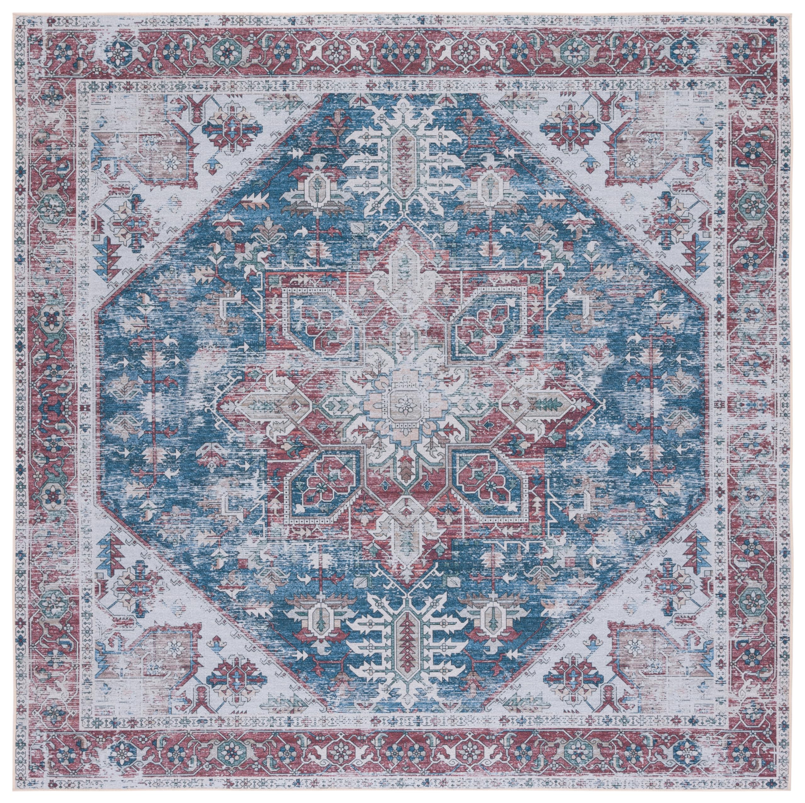 SAFAVIEH Tucson Collection Area Rug - 6 Square, Navy & Red, Persian Medallion Design, Non-Shedding Machine Washable & Slip Resi