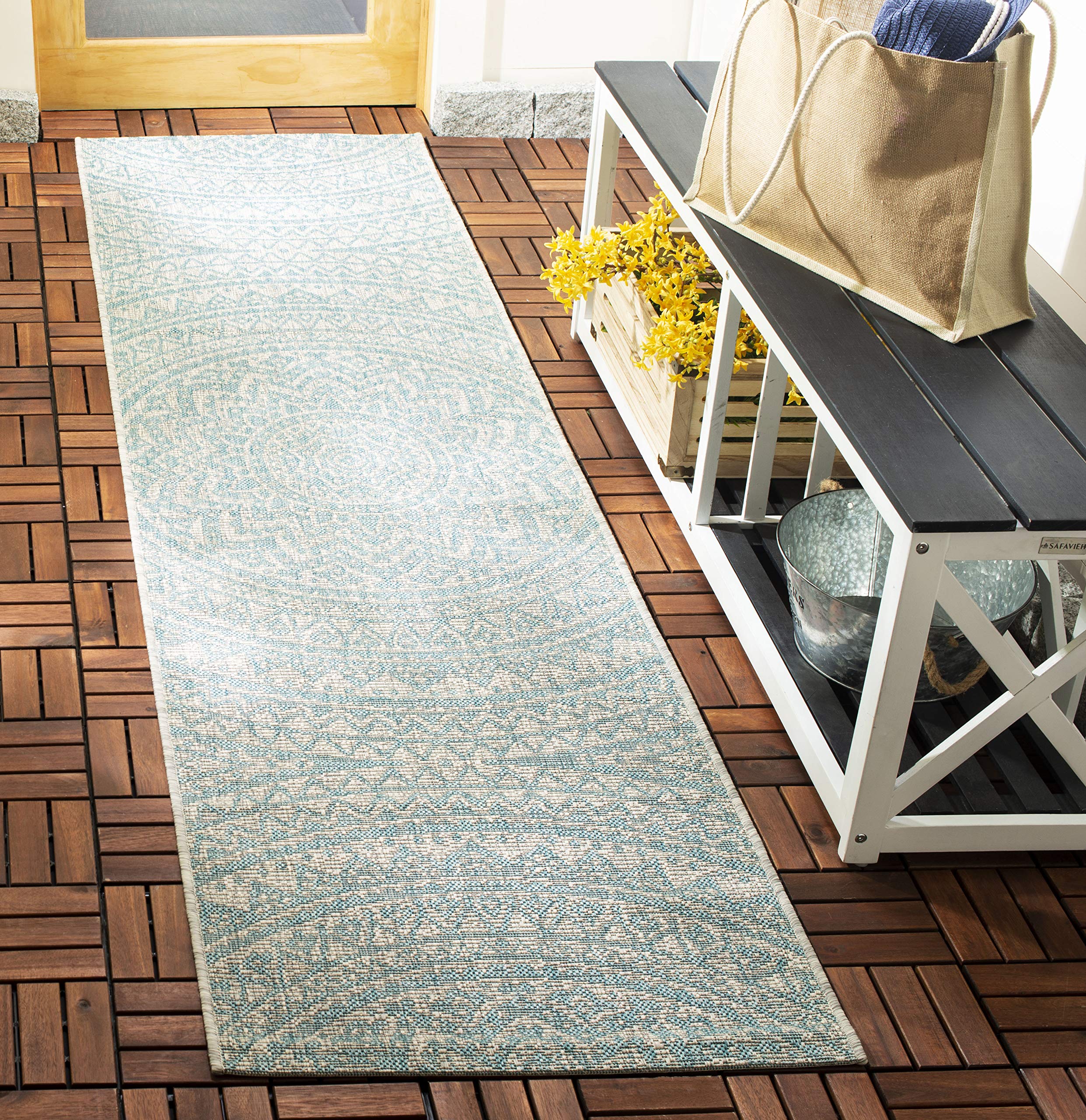 Safavieh Courtyard Collection 2'3' X 8' Light Grey / Aqua Cy8734 Indoor/ Outdoor Waterproof Easy Cleaning Patio Backyard Mudroom Runner Rug