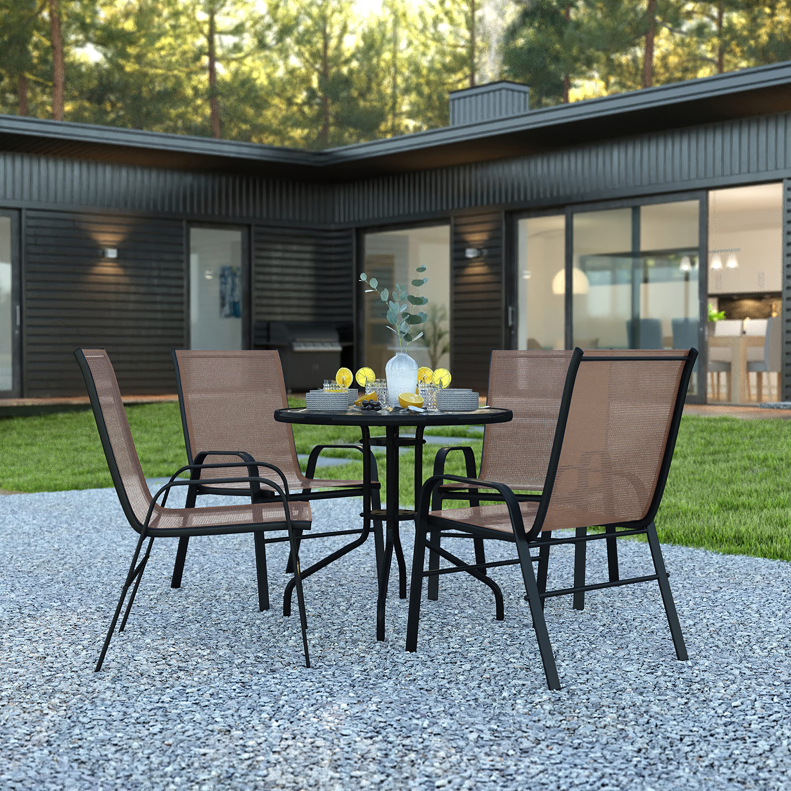 Flash Furniture Brazos 5 Piece Outdoor Patio Dining Set - 4 Brown Flex Comfort Stack Chairs - 31.5&Quot; Round Tempered Glass Patio Table