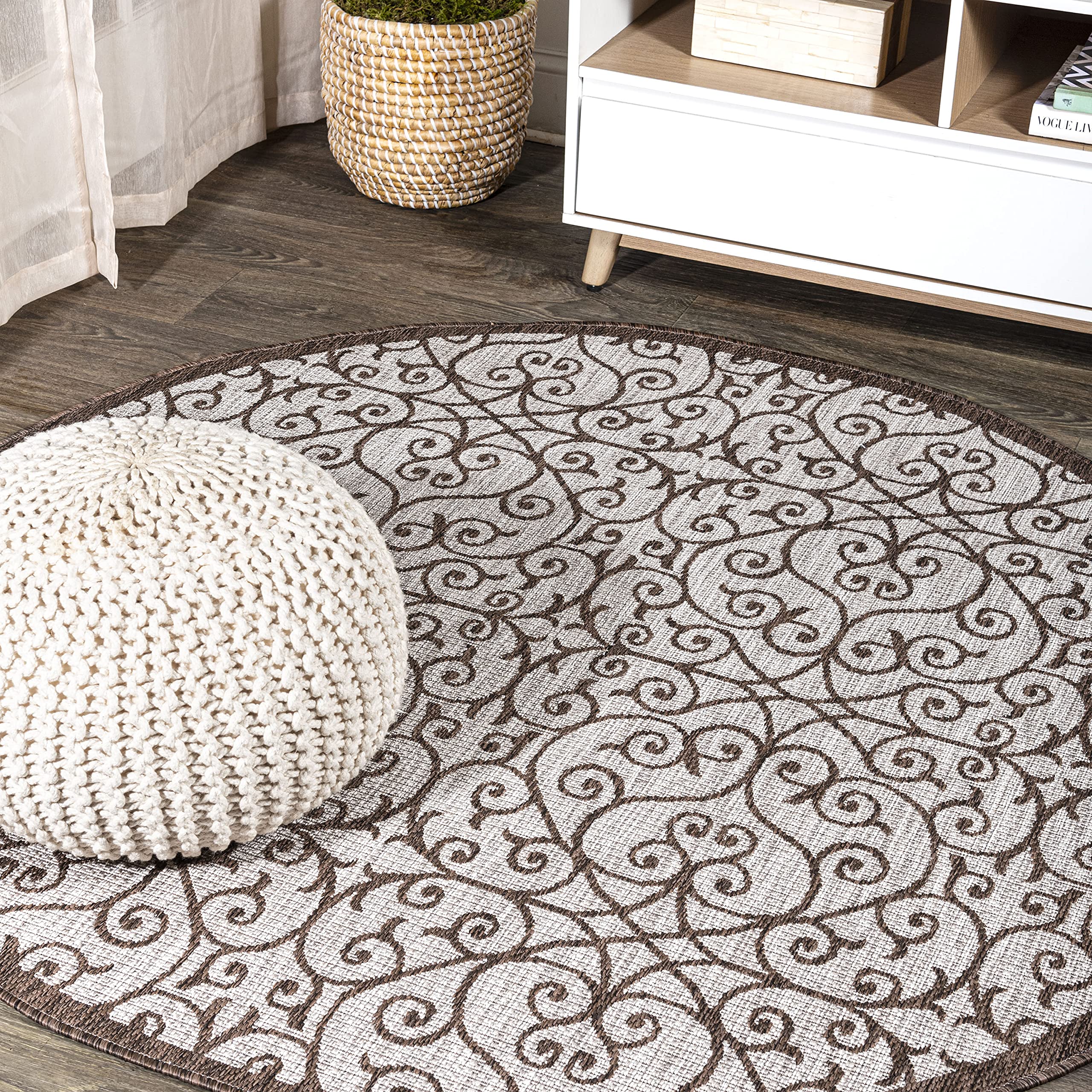 Jonathan Y Smb107C-8R Madrid Vintage Filigree Textured Weave Taupe/Espresso 8' Round Indoor/Outdoor Area Rug, Pet Friendly, Non-