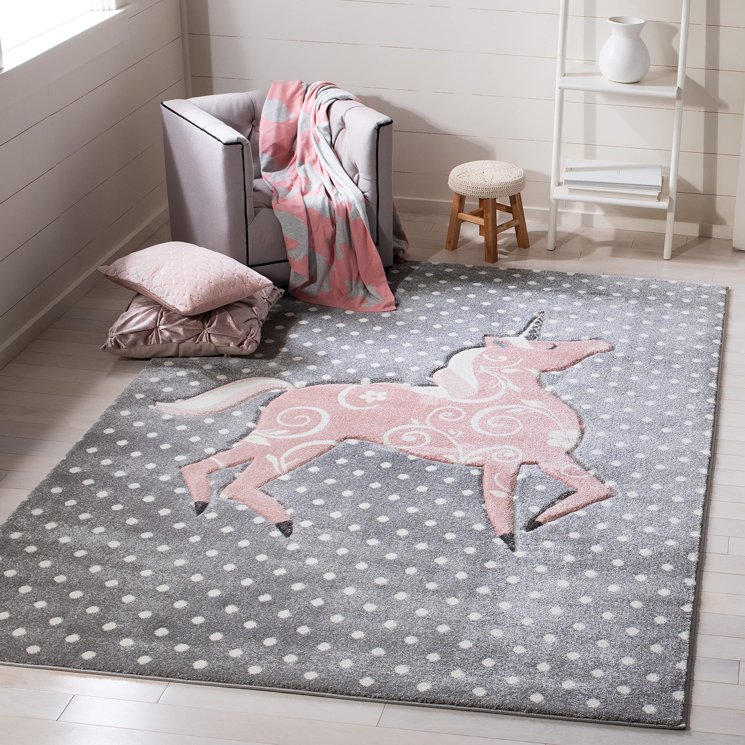 SAFAVIEH Carousel Kids Collection Area Rug - 8 x 10, Grey & Ivory & Pink, Non-Shedding & Easy Care, Ideal for High Traffic Are