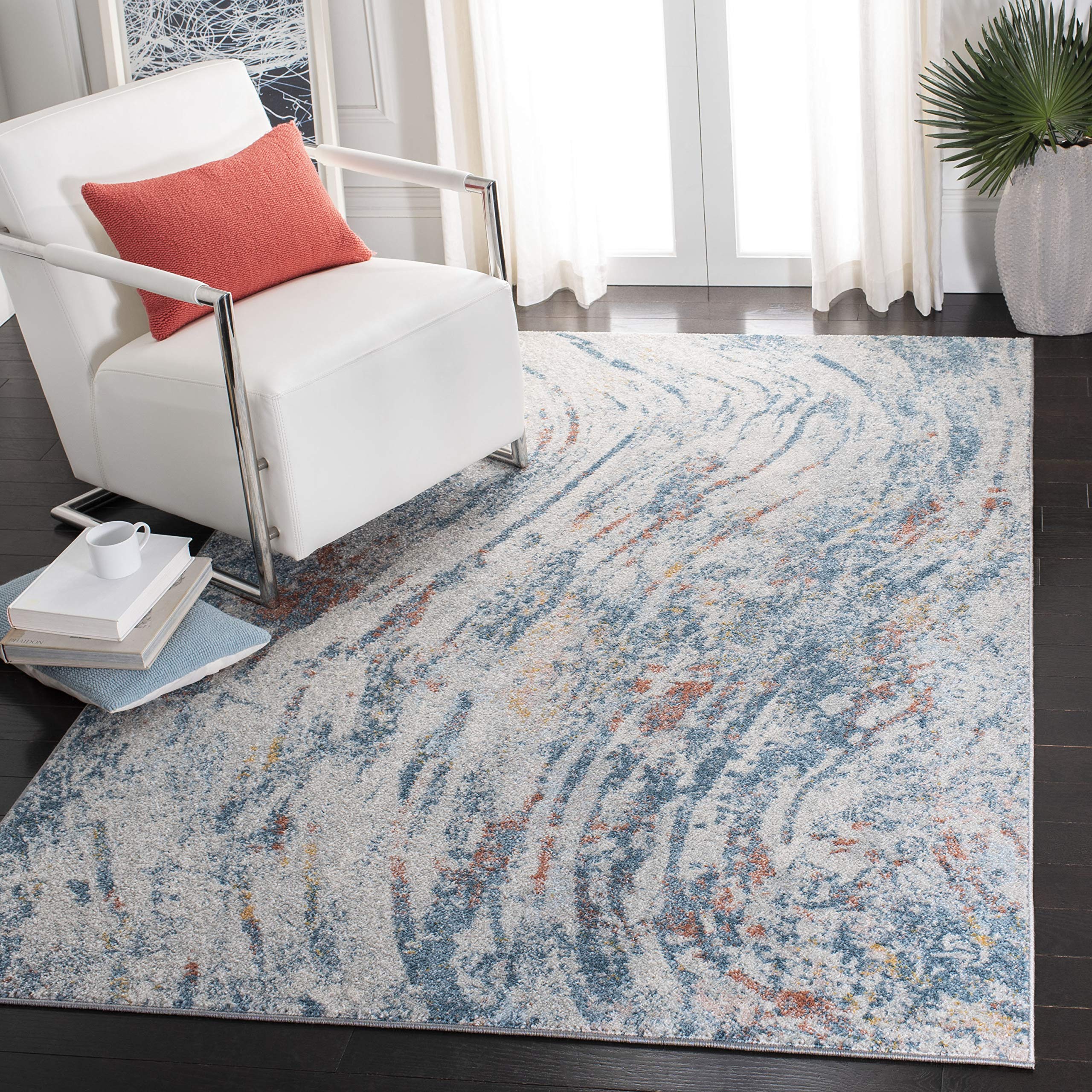 SAFAVIEH Tulum Collection Accent Rug - 4 x 6, Ivory & Dark Blue, Modern Abstract Design, Non-Shedding & Easy Care, Ideal for H