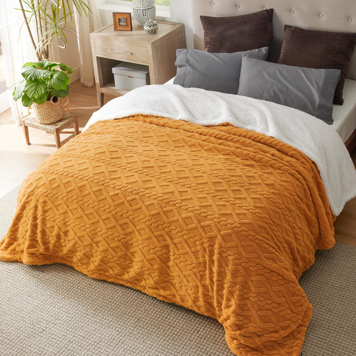 Bedsure Sherpa King Size Blanket For Bed- Fuzzy Soft Cozy Blanket King Size, Fleece Thick Warm Blanket For Winter, Yellow Fall B