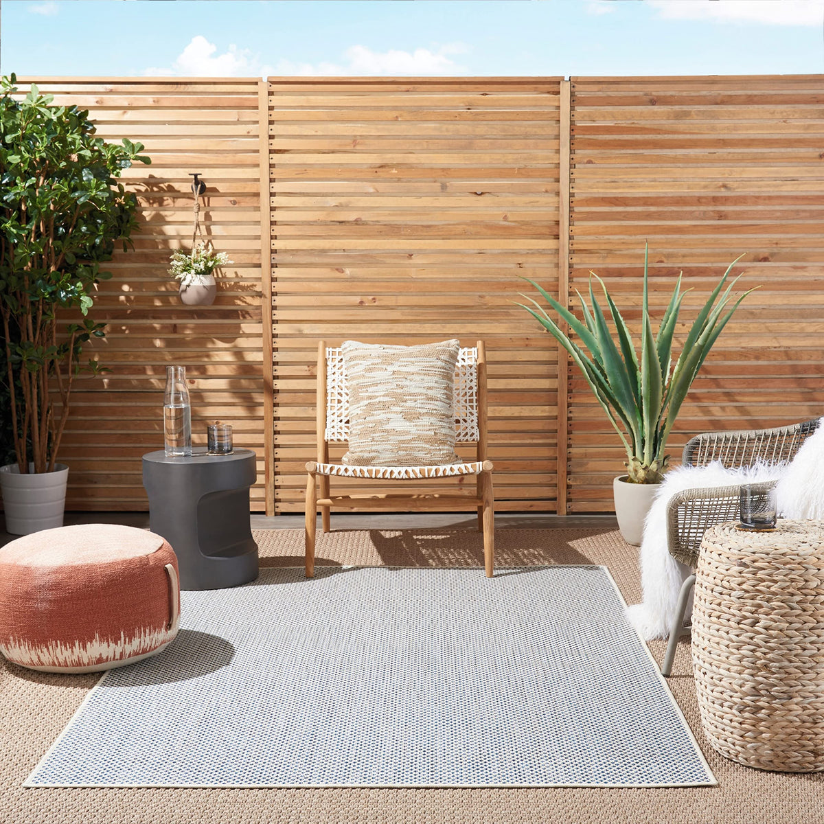 Nourison Courtyard Indoor/Outdoor Area Rug 4' X 6', Ivory Blue, Rectangular Geometric Easy Cleaning Non Shedding Bed Room Living