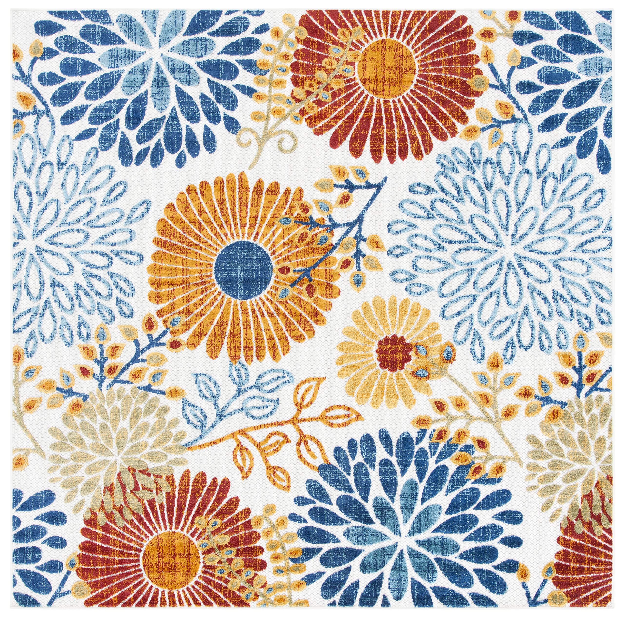 Safavieh Cabana Collection 4' Square Cream/Red Cbn832A Floral Indoor/ Outdoor Non-Shedding Easy Cleaning Patio Backyard Porch Deck Mudroom Area Rug
