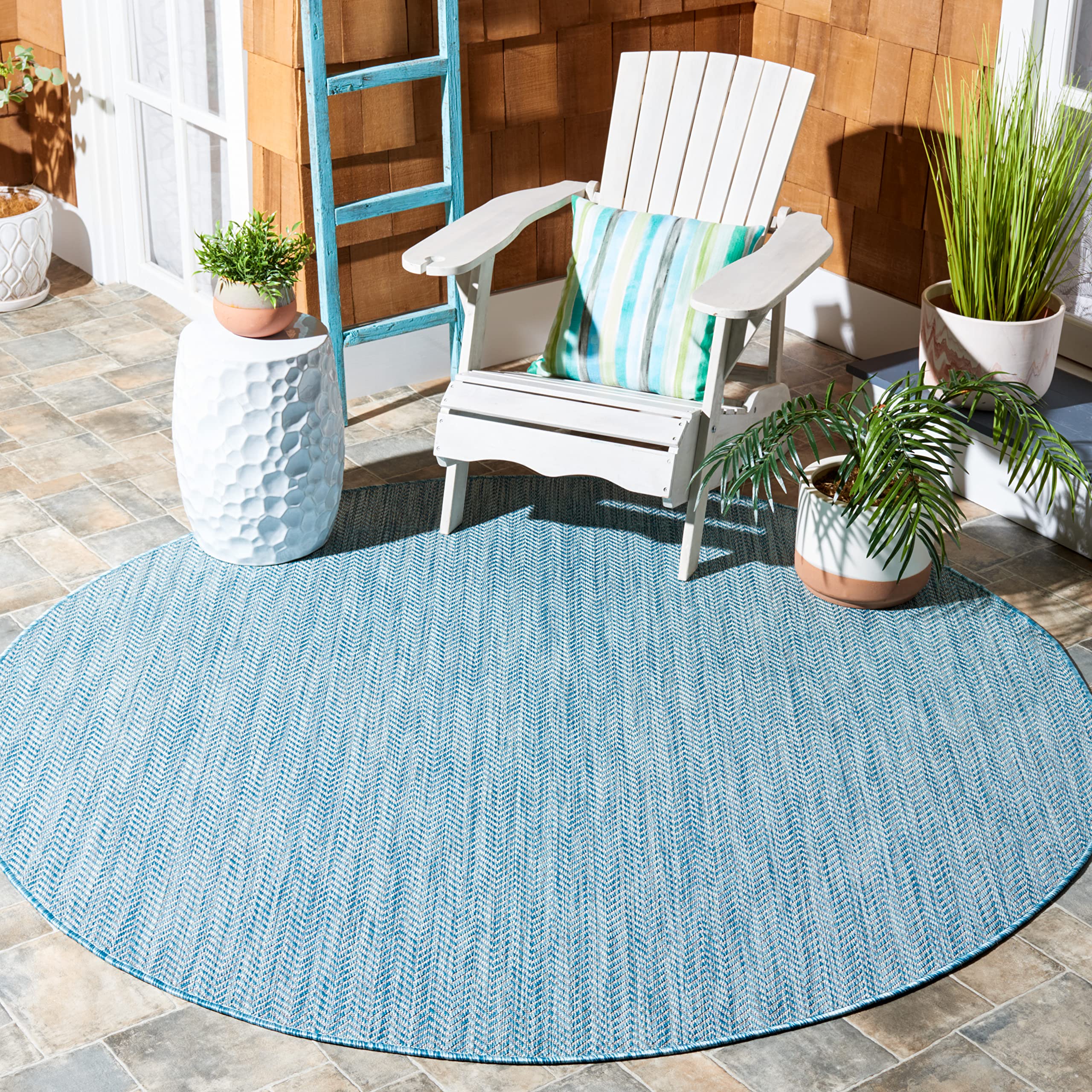 Safavieh Courtyard Collection 9' Round Aqua/Grey Cy8022 Indoor-Outdoor Waterproof Easy-Cleaning Patio Backyard Mudroom Area-Rug