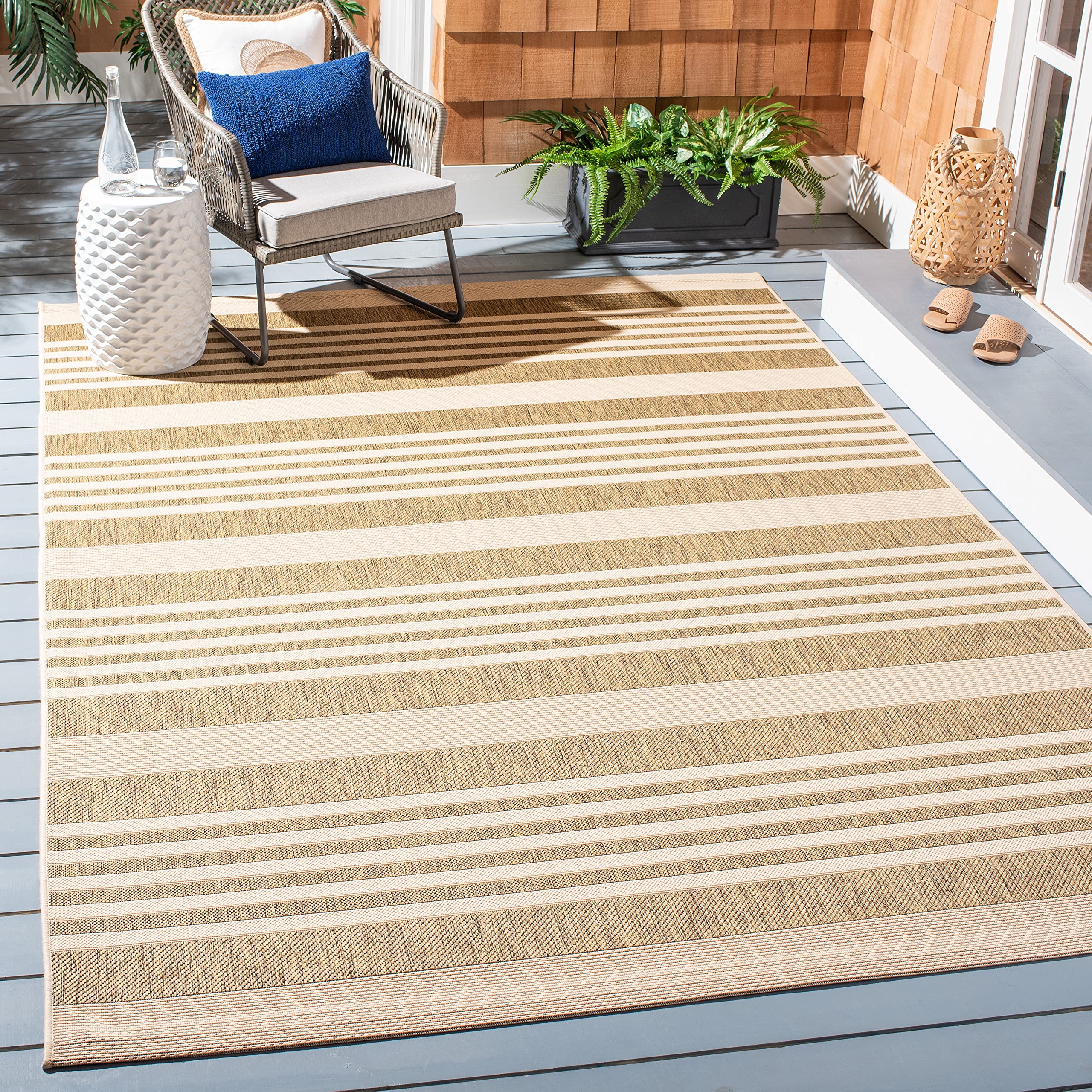 Safavieh Courtyard Collection 4' Square Brown/Bone Cy6062 Stripe Indoor/ Outside Waterproof Easy Cleansingpatio Backyard Mudroom
