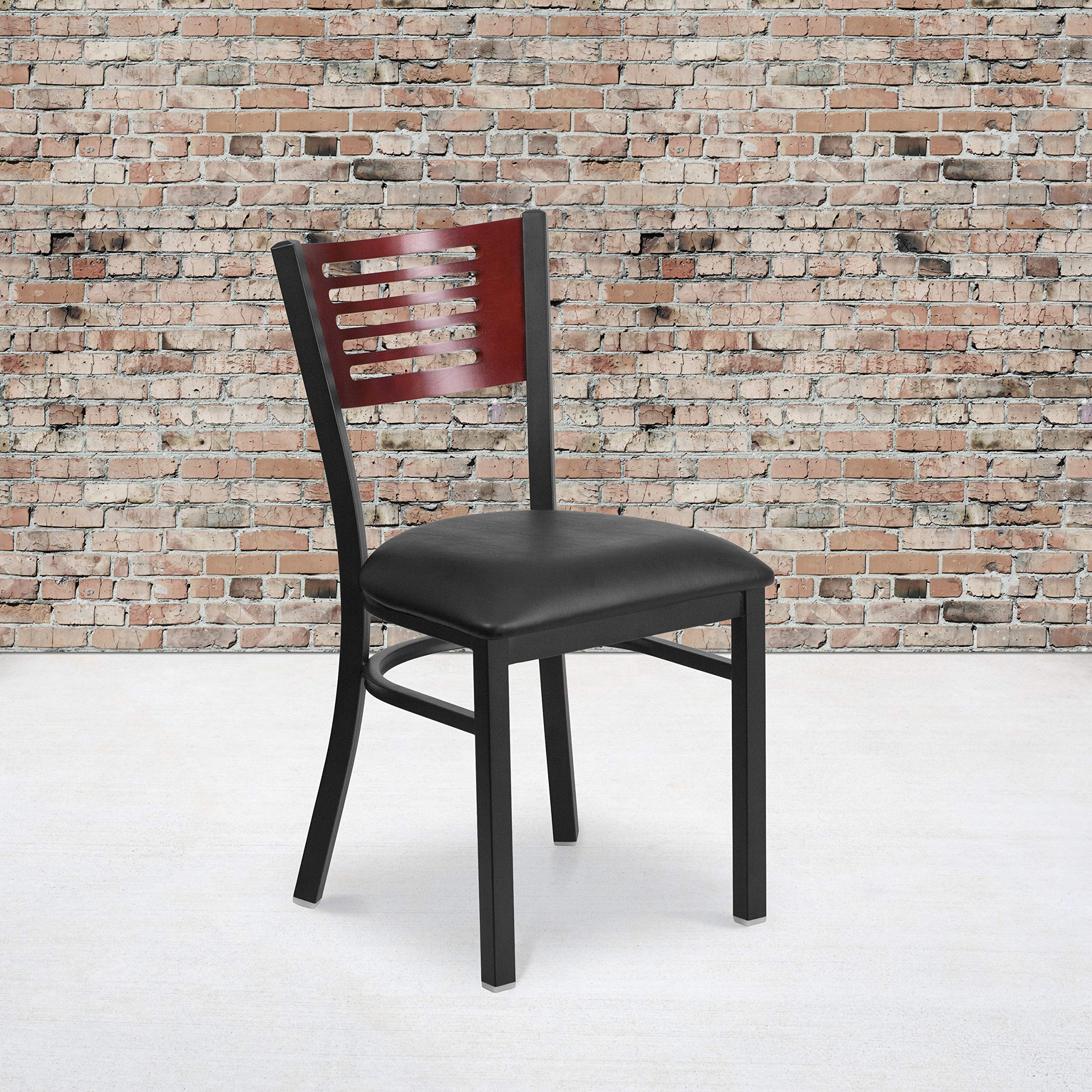 Flash Furniture Hercules Series Black Slat Back Metal Restaurant Chair - Mahogany Wood Back, Black Vinyl Seat
