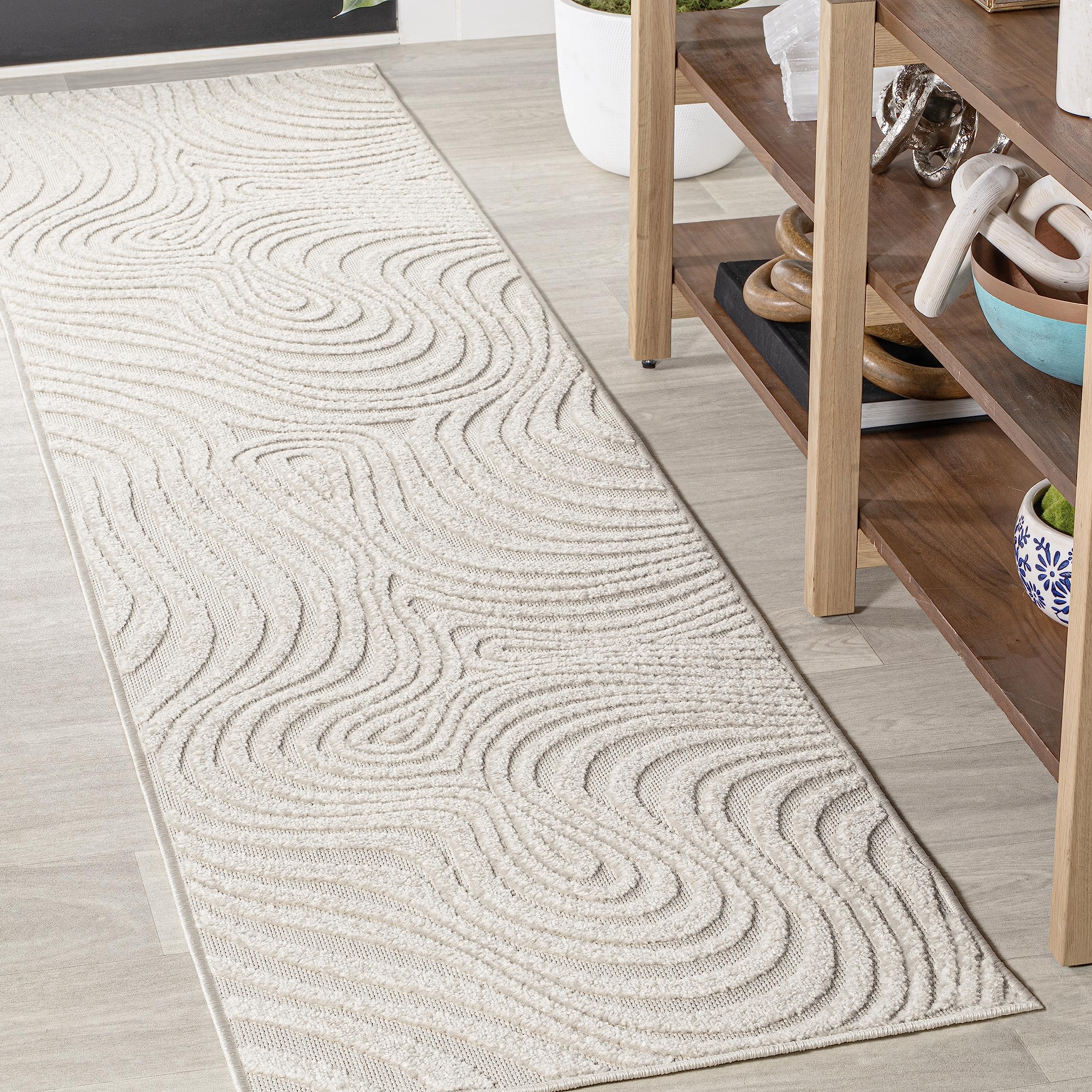 Jonathan Y Scn103A-210 Maribo High-Low Abstract Groovy Striped Cream/Ivory 2 Ft. X 10 Ft. Indoor/Outdoor Runner Rug, Pet Friendl