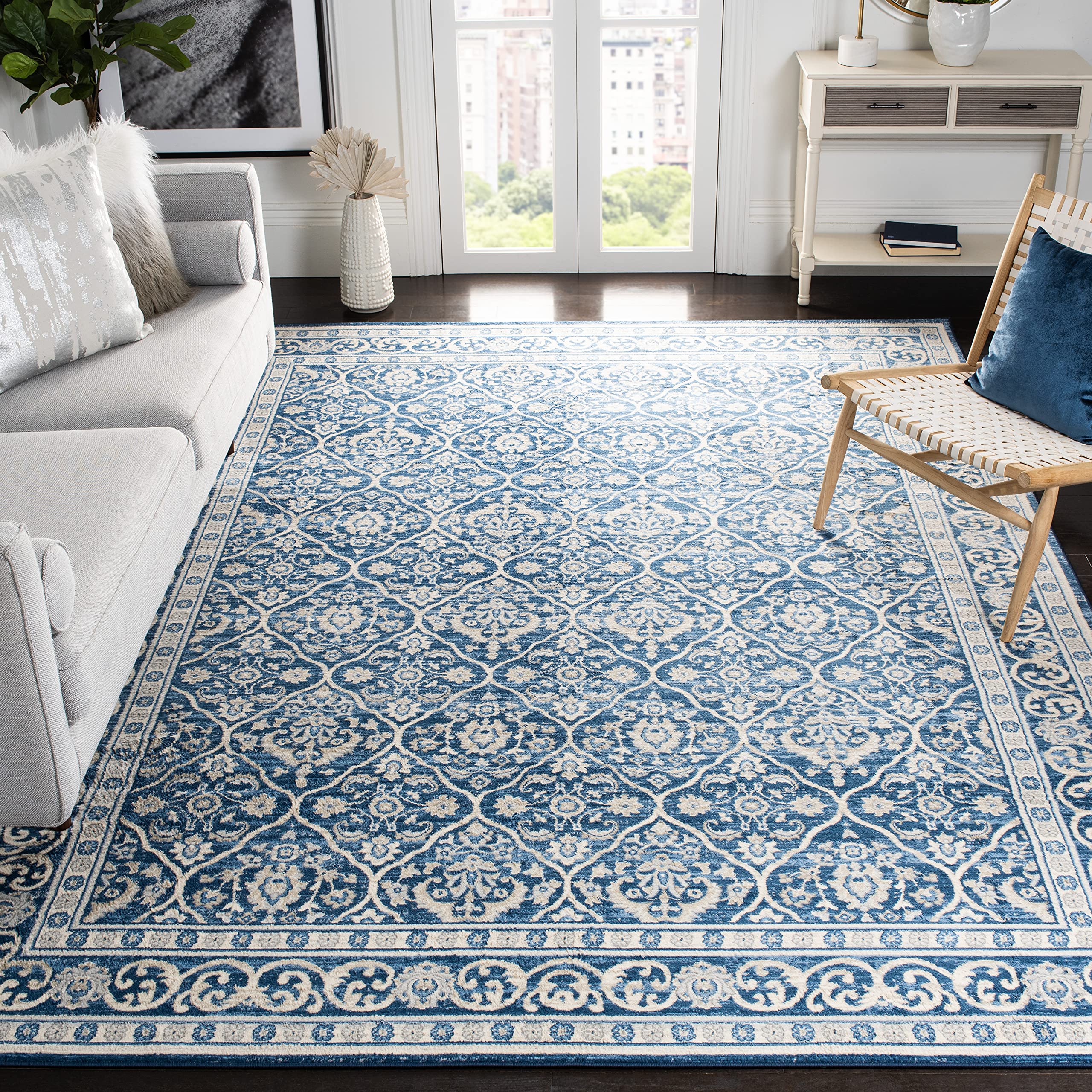 SAFAVIEH Brentwood Collection Area Rug - 9 x 12, Navy & Light Grey, Oriental Damask Trellis Design, Non-Shedding & Easy Care, 