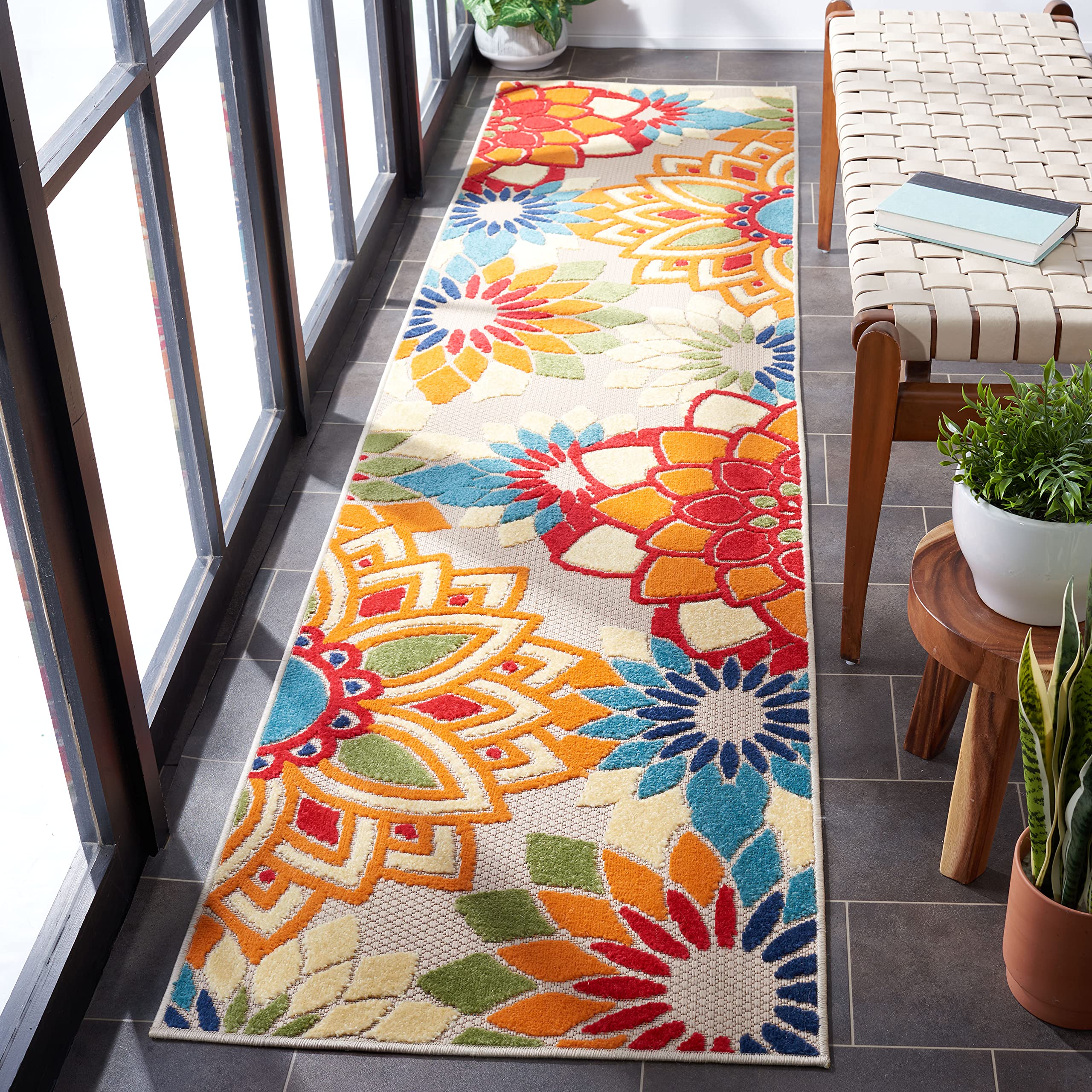 Safavieh Cabana Collection Runner Rug - 2'2' X 9', Ivory & Orange, Floral Design, Non-Shedding & Easy Care, Indoor/Outdoor & Wa