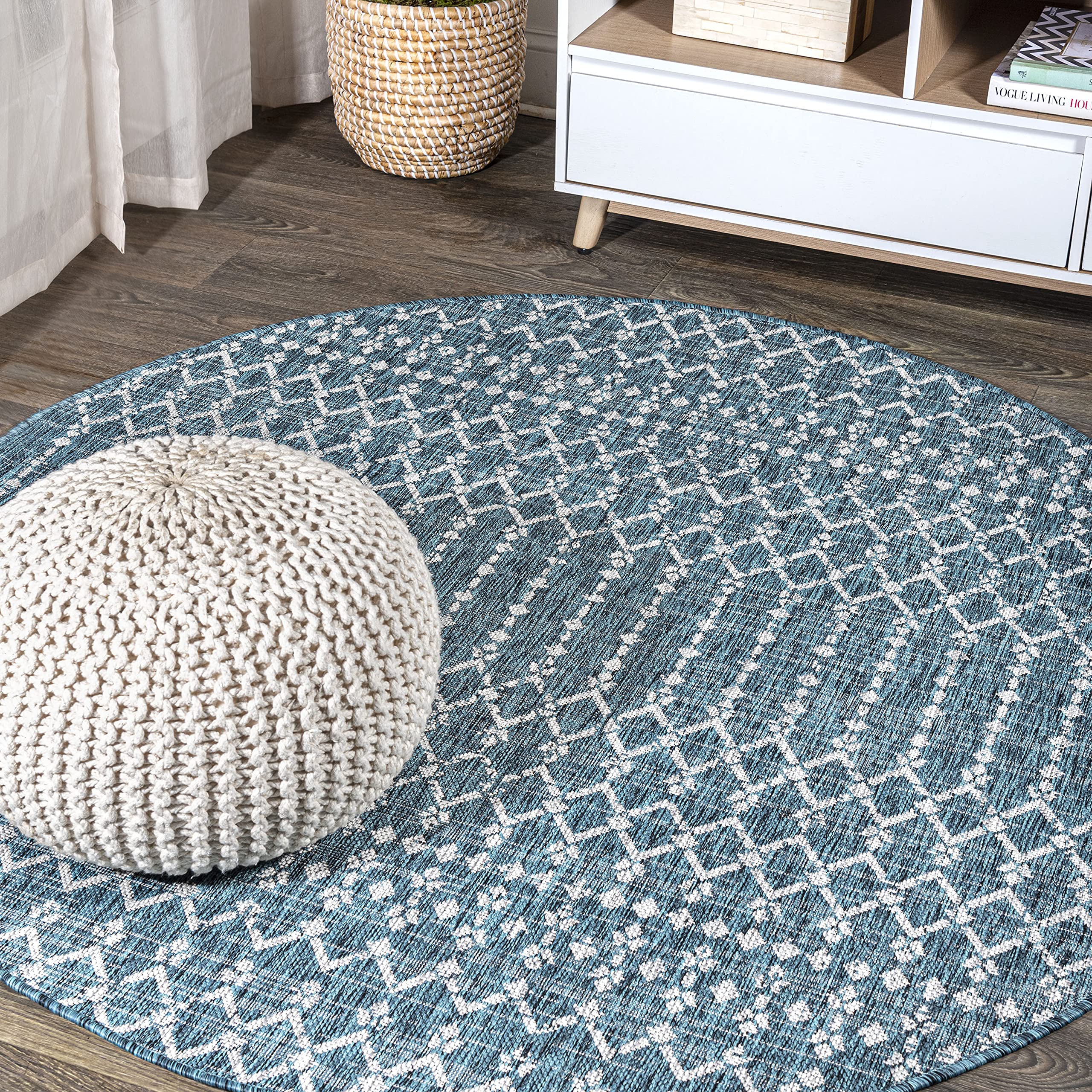 Jonathan Y Smb108C-3R Ourika Moroccan Geometric Textured Weave Teal/Gray 3' Round Indoor/Outdoor Area Rug, Pet Friendly, Non-She