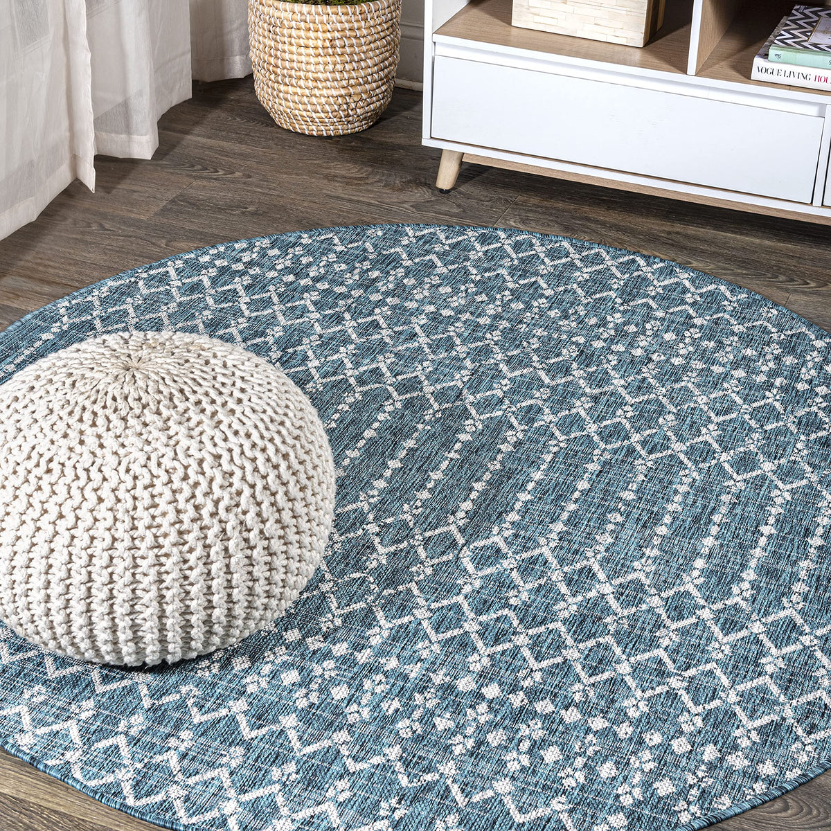 Jonathan Y Smb108C-3R Ourika Moroccan Geometric Textured Weave Teal/Gray 3' Round Indoor/Outdoor Area Rug, Pet Friendly, Non-She