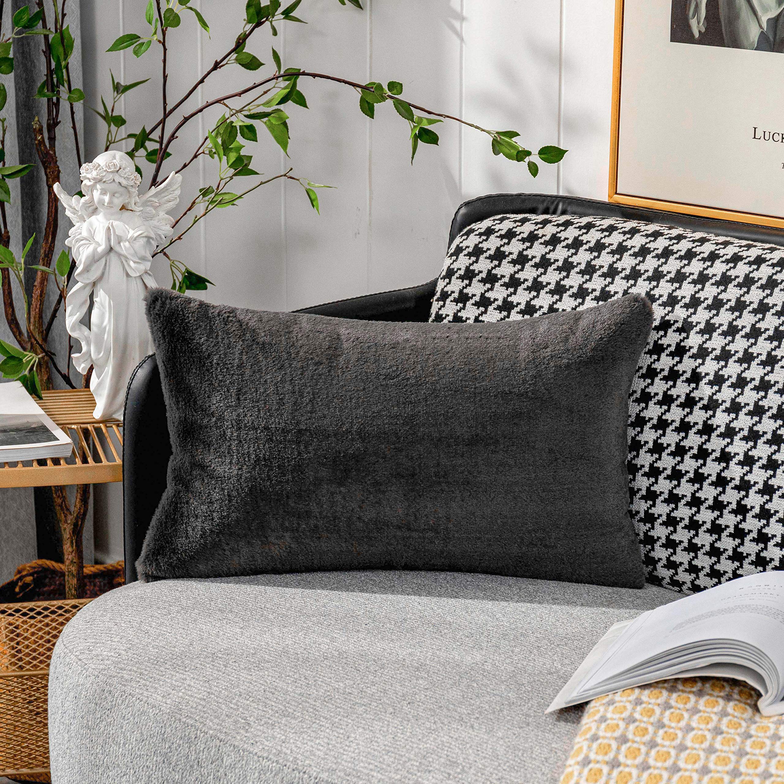 Home Brilliant Dark Grey Throw Pillow Cover Rectangle Decorations Accent Pillow Case Fluffy Faux Fur Soft Throw Pillows For Couc