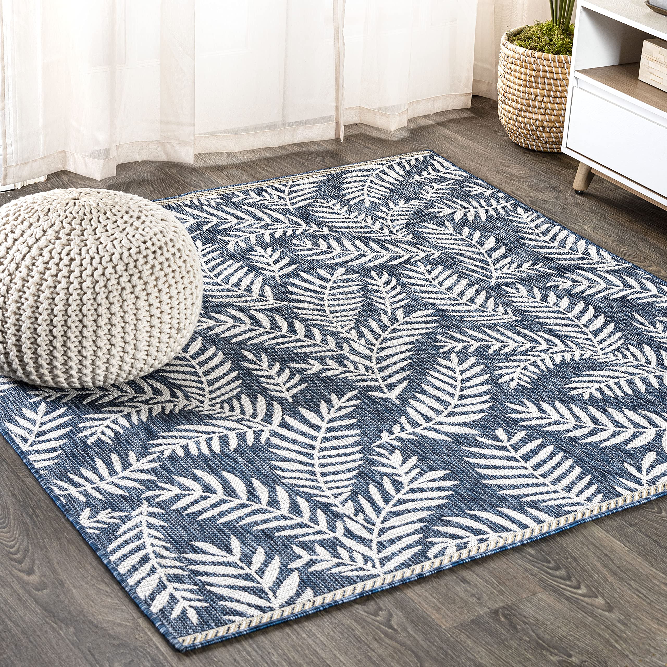 Jonathan Y Smb119B-3Sq Nevis Palm Frond Navy/Ivory 3' Square Indoor/Outdoor Area Rug, Pet Friendly, Non-Shedding, Stain Resistan