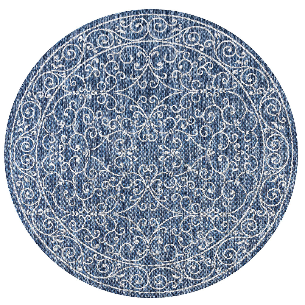 Jonathan Y Smb106D-5R Charleston Vintage Filigree Textured Weave Indoor Outdoor Area-Rug Classic Coastal Easy-Cleaning Bedroom Kitchen Backyard Patio Non Shedding, 5' Round, Navy/Gray