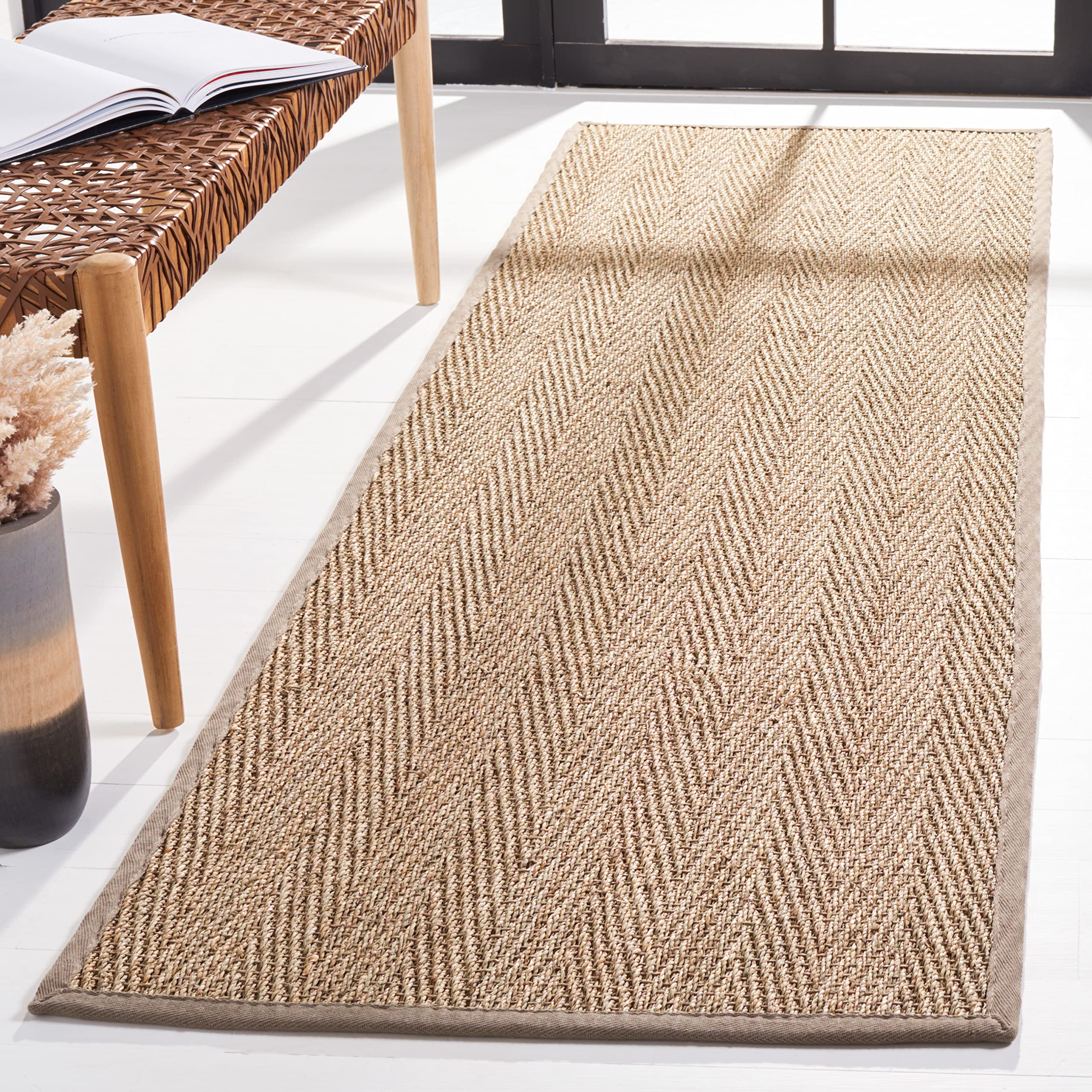 SAFAVIEH Natural Fiber Collection Runner Rug - 26 x 12, Natural & Grey, Border Herringbone Seagrass Design, Easy Care, Ideal f