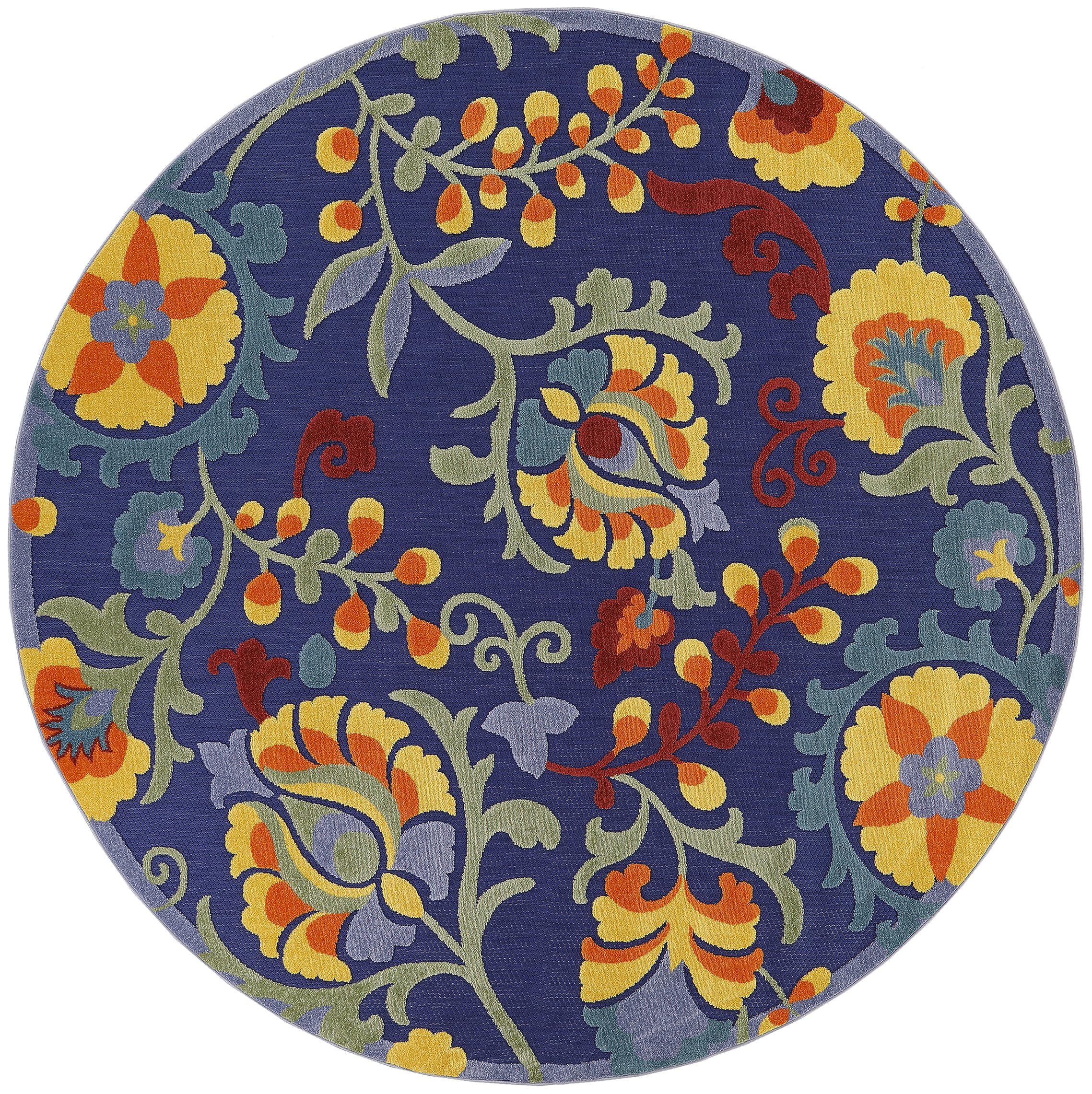 Nourison Aloha Indoor-Outdoor Navy Multicolor 7’10” X Round Area Rug, Easy Cleaning, Non Shedding, Bed Room, Living Room, Dining Room, Backyard, Deck, Patio (8 Round)