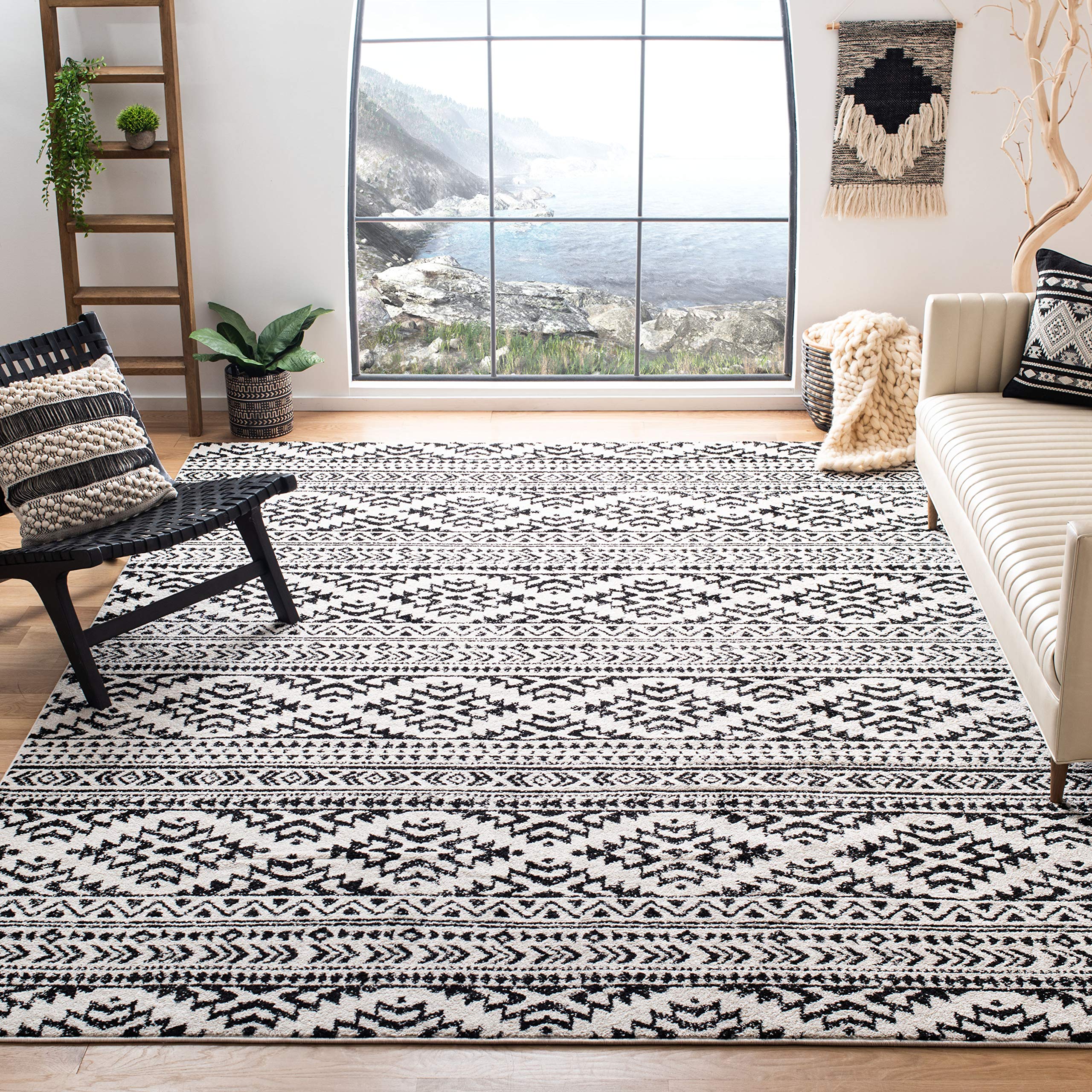 SAFAVIEH Tulum Collection 11 Square Ivory / Black TUL272B Moroccan Boho Tribal Non-Shedding Living Room Bedroom Dining Home Off