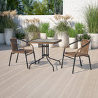 Flash Furniture Lila 3-Piece 28" Square Indoor/Outdoor Patio Table And Chairs Set, Glass Metal Bistro Table And 2 Stacking Rattan Chairs, Brown