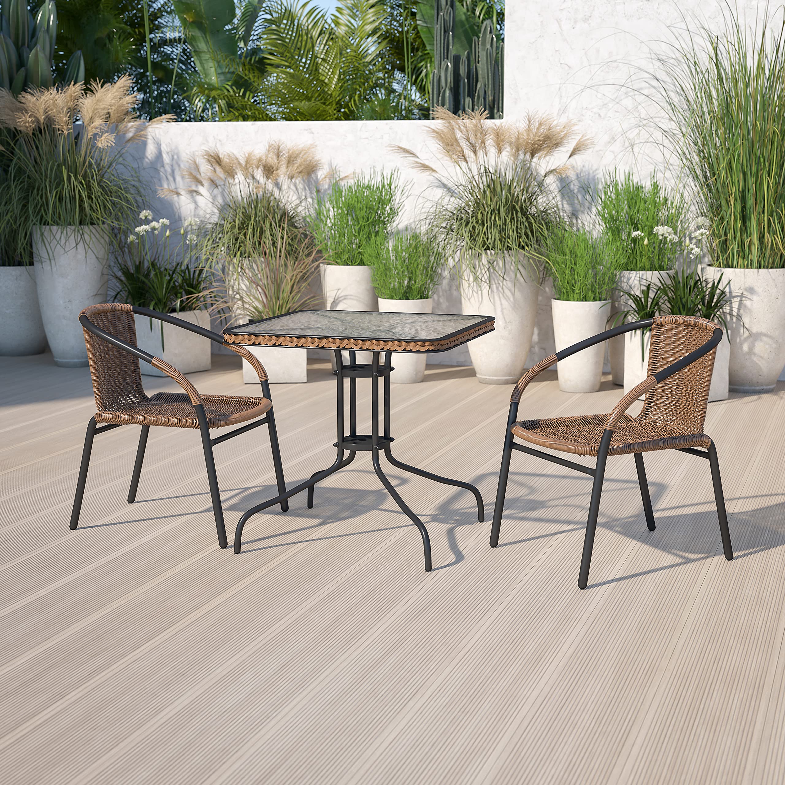 Flash Furniture Lila 3-Piece 28" Square Indoor/Outdoor Patio Table And Chairs Set, Glass Metal Bistro Table And 2 Stacking Rattan Chairs, Brown