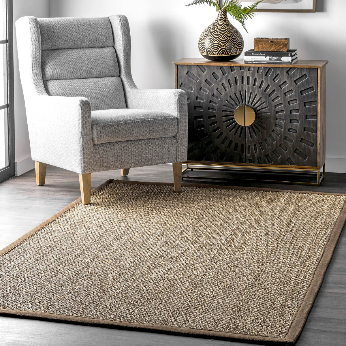 nuLOOM 4x6 Elijah Seagrass Area Rug, Brown, Solid Farmhouse Style, Cotton Bordered, Basketweave, Natural Fiber, For Bedroom, Din