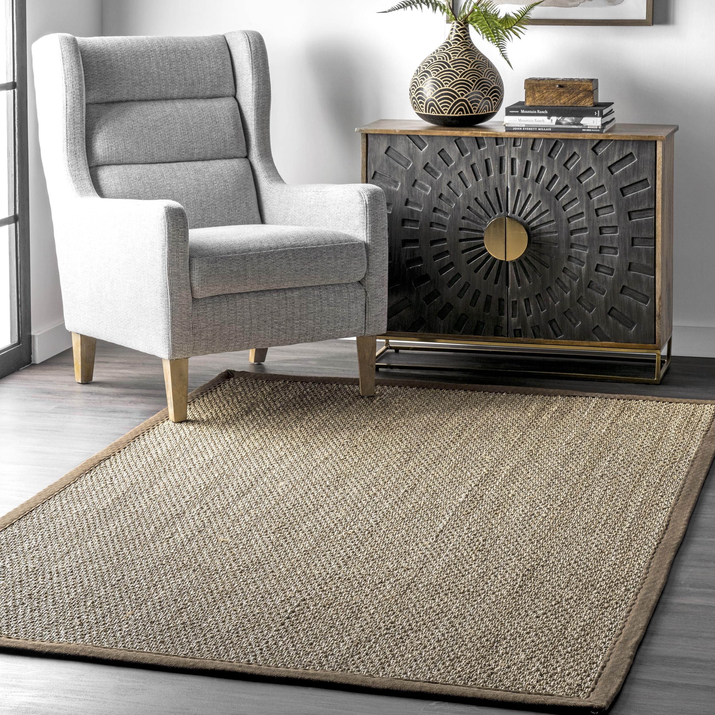nuLOOM 4x6 Elijah Seagrass Area Rug, Brown, Solid Farmhouse Style, Cotton Bordered, Basketweave, Natural Fiber, For Bedroom, Din