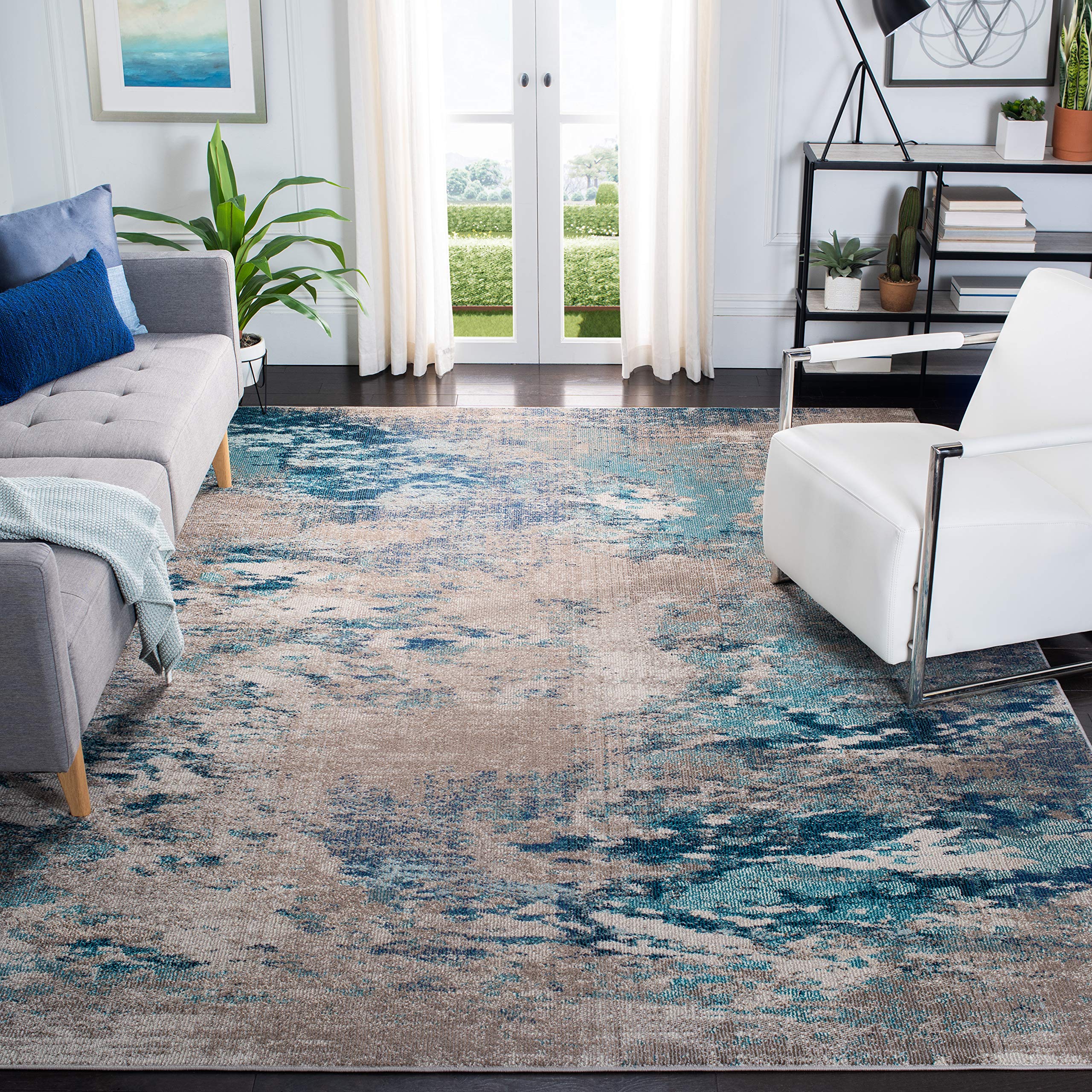 SAFAVIEH Madison Collection Area Rug - 9 x 12, Blue & Grey, Modern Boho Abstract Design, Non-Shedding & Easy Care, Ideal for H