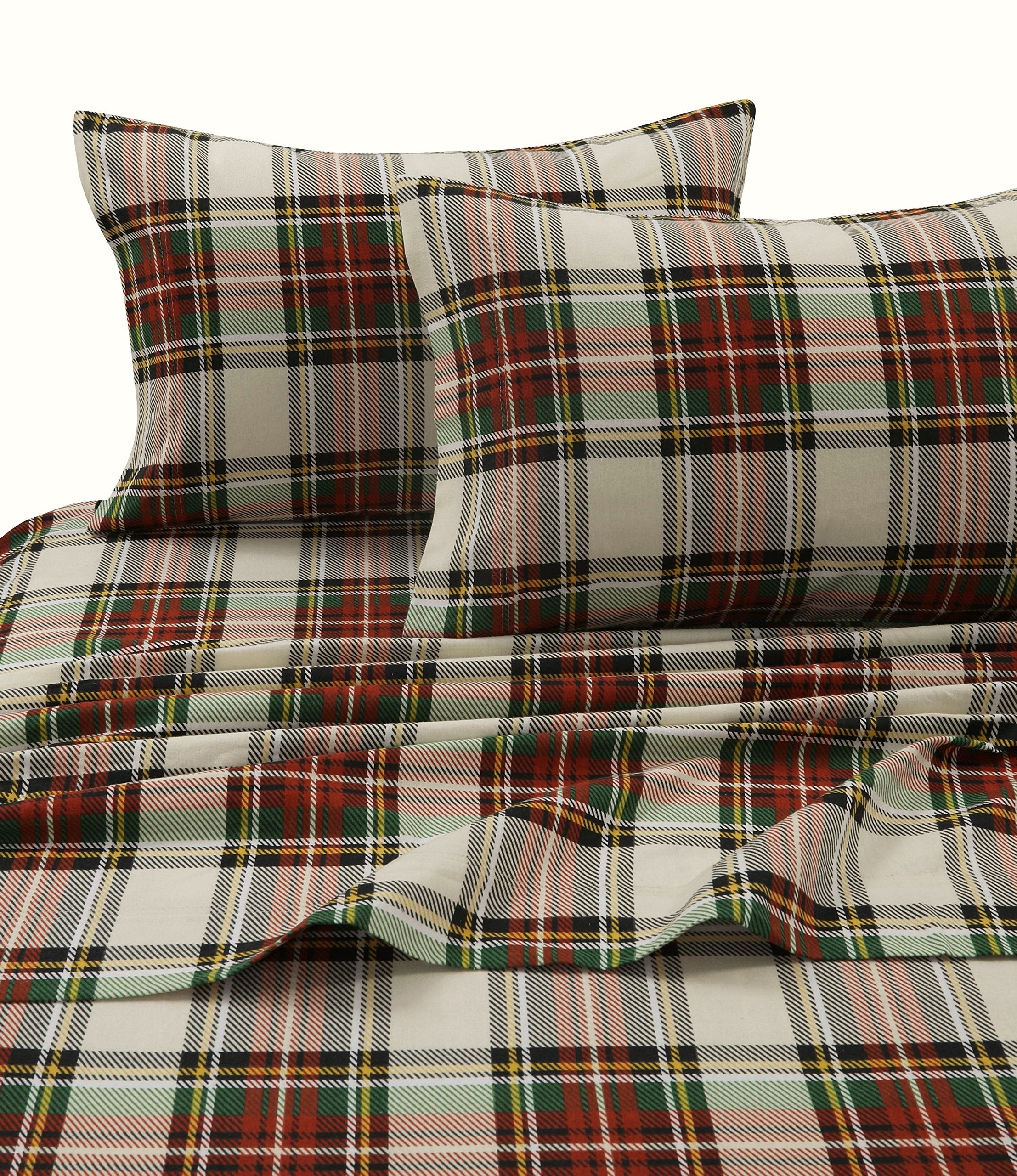 Tribeca Living Char170Sheetqu Charleston Plaid Flannel Deep Pocket Sheet Set, 3 Pcs, Queen