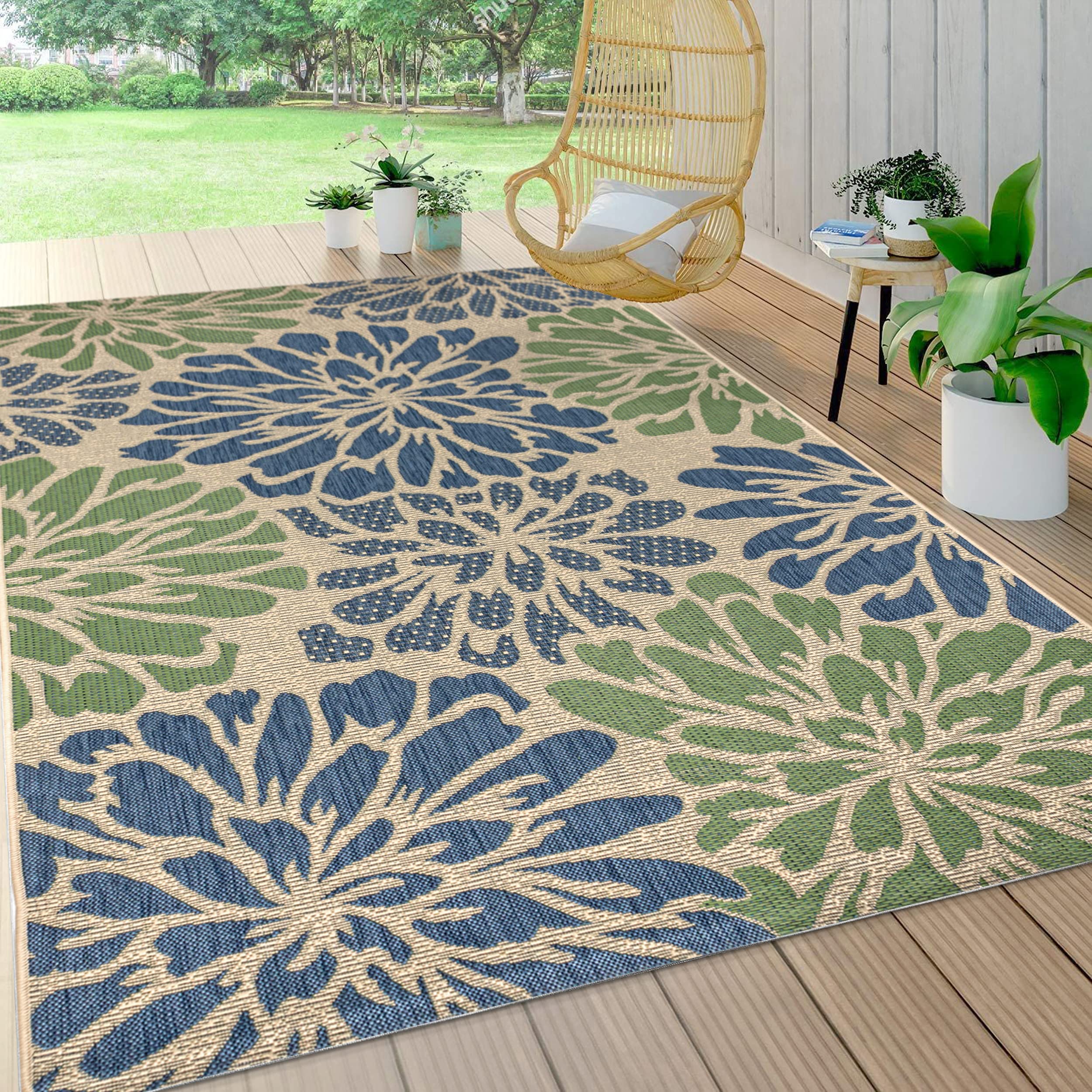 Jonathan Y Smb110B-4 Zinnia Modern Floral Textured Weave Indoor Outdoor Area-Rug Bohemian Coastal Easy-Cleaning Bedroom Kitchen Backyard Patio Non Shedding, 4 X 6, Navy/Green