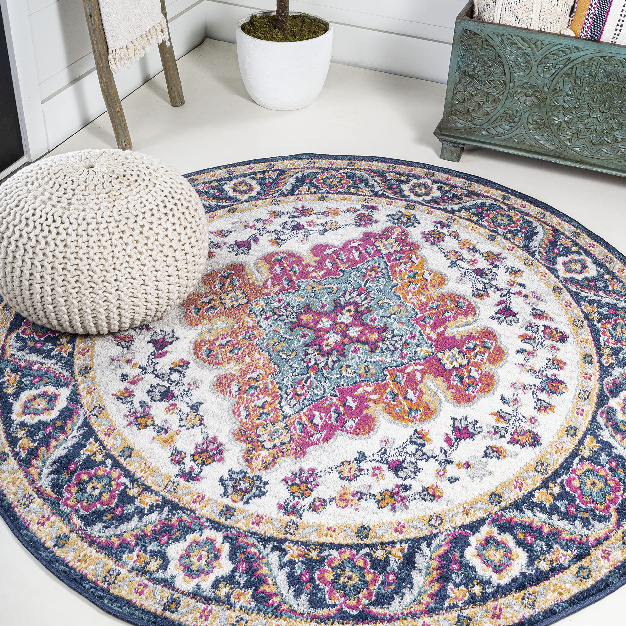 JONATHAN Y BMF106A-7R Bohemian Flair Boho Vintage Medallion Blue/Multi 7 Round Area Rug for Bedroom, Kitchen, Living Room, Offi