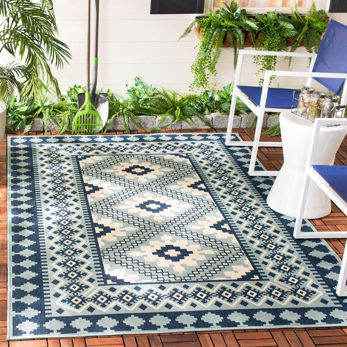 Safavieh Veranda Collection 5'3' X 7'7' Ivory/Blue Ver099 Boho Indoor/ Outdoor Non-Shedding Easy Cleaning Patio Backyard Porch