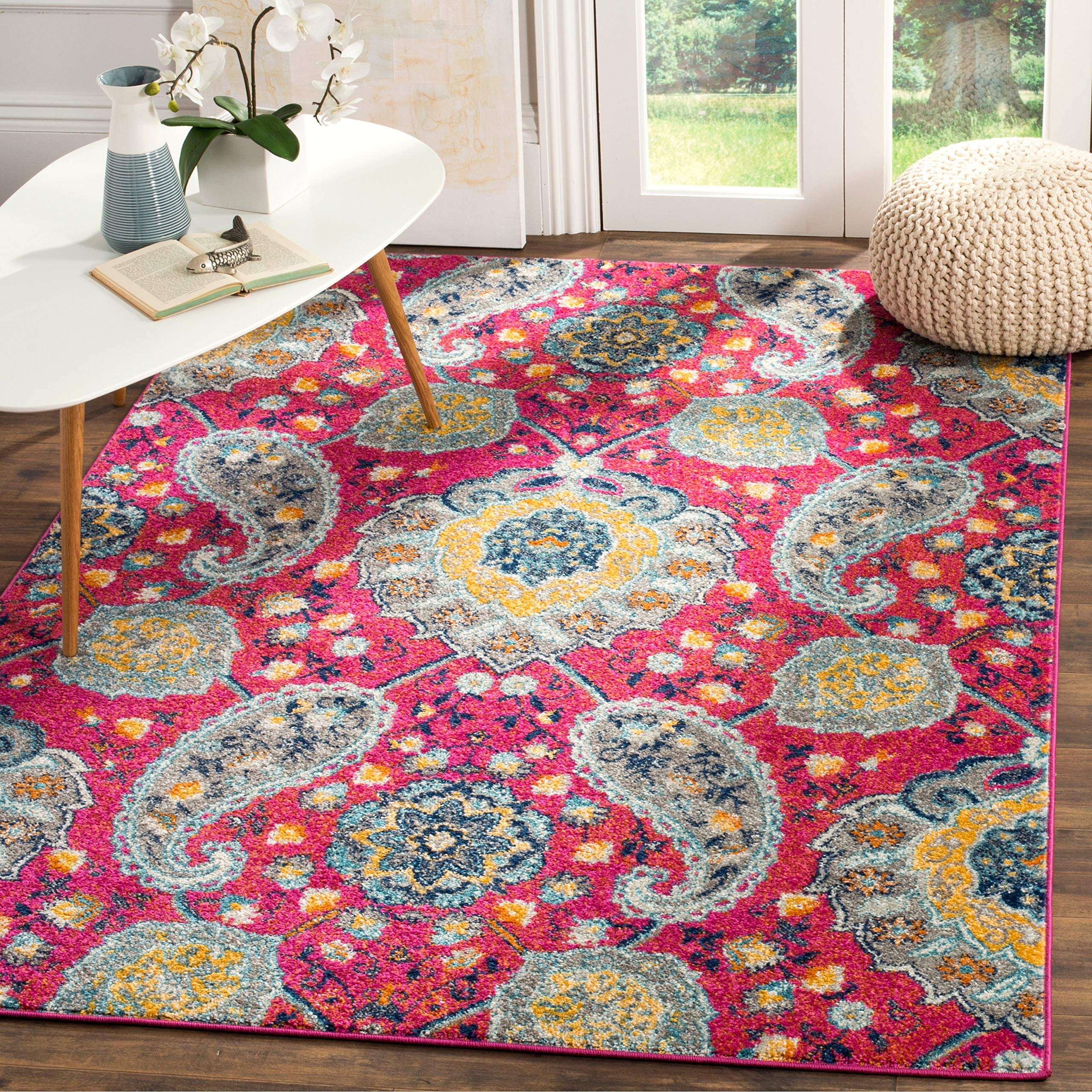 Safavieh Madison Collection Area Rug - 8' Round, Cream & Silver, Boho Chic Glam Paisley Design, Non-Shedding & Easy Care, Ideal