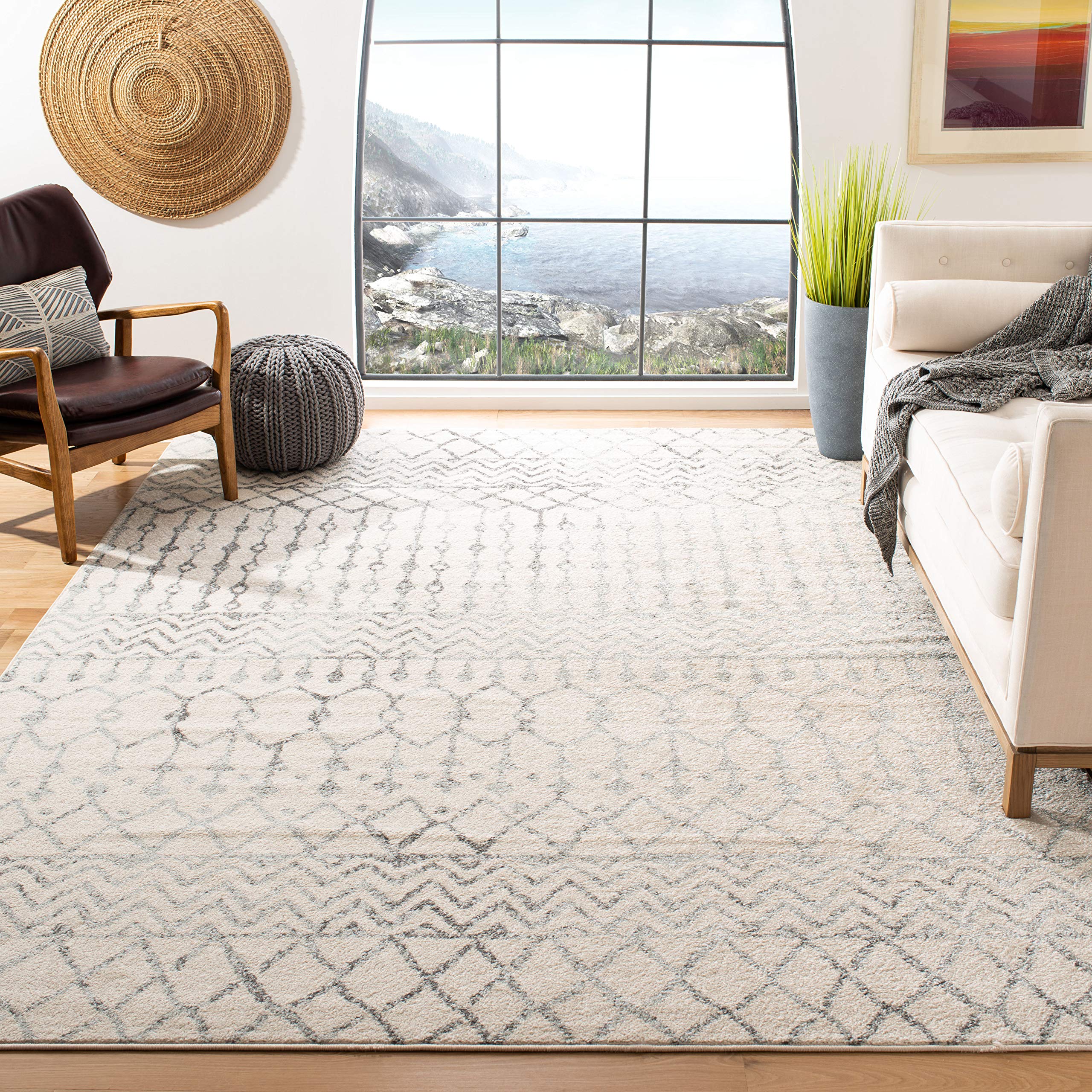 SAFAVIEH Tulum Collection 67 Square Ivory/Grey TUL270A Moroccan Boho Distressed Non-Shedding Living Room Bedroom Dining Home Of