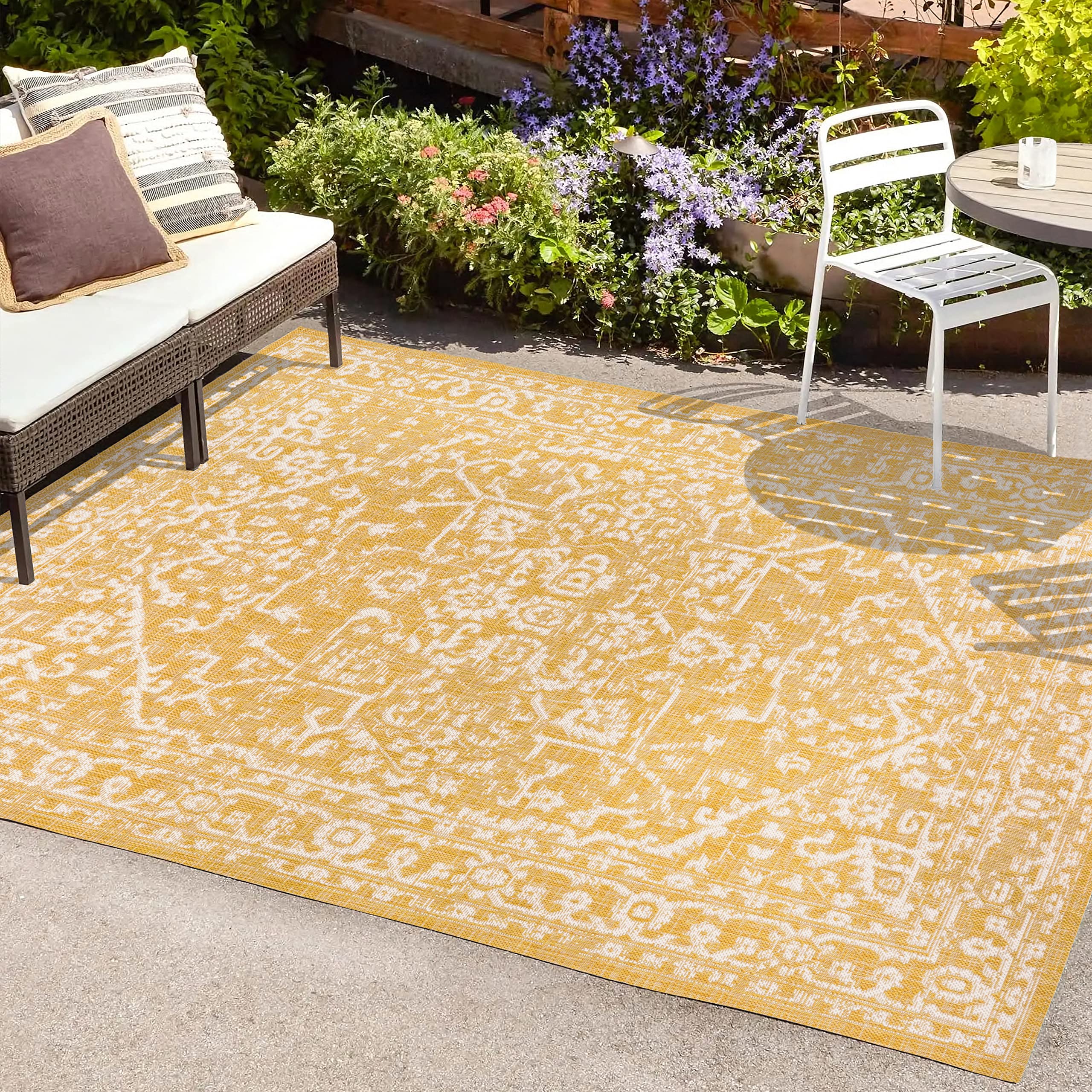 Jonathan Y Smb104G-4 Malta Bohemian Medallion Textured Weave Indoor Outdoor Area-Rug, Coastal Traditional Transitional Easy-Cleaning,Bedroom,Kitchen,Backyard,Patio,Non Shedding, 4 X 6, Yellow/Cream