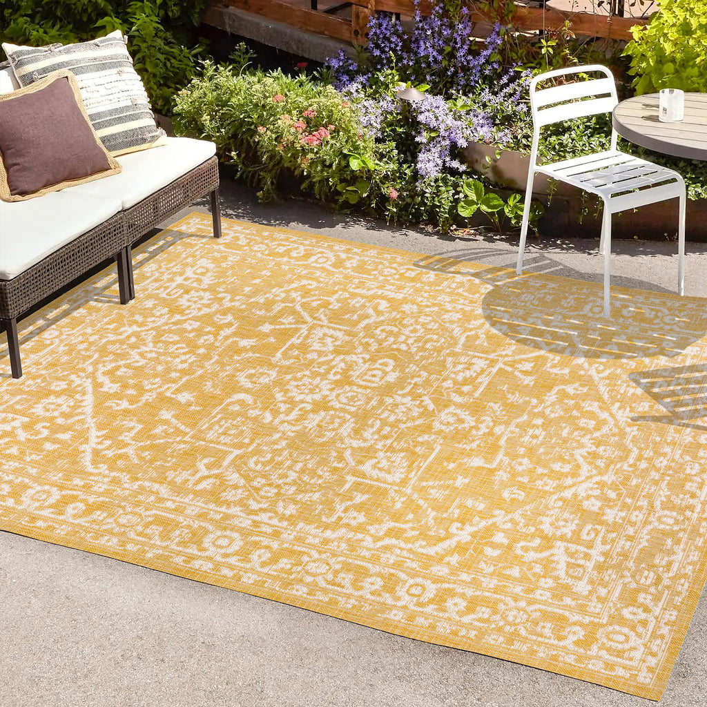 Jonathan Y Smb104G-3 Malta Bohemian Medallion Textured Weave Indoor Outdoor Area-Rug, Coastal Traditional Transitional Easy-Cleaning,Bedroom,Kitchen,Backyard,Patio,Non Shedding, 3 X 5, Yellow/Cream