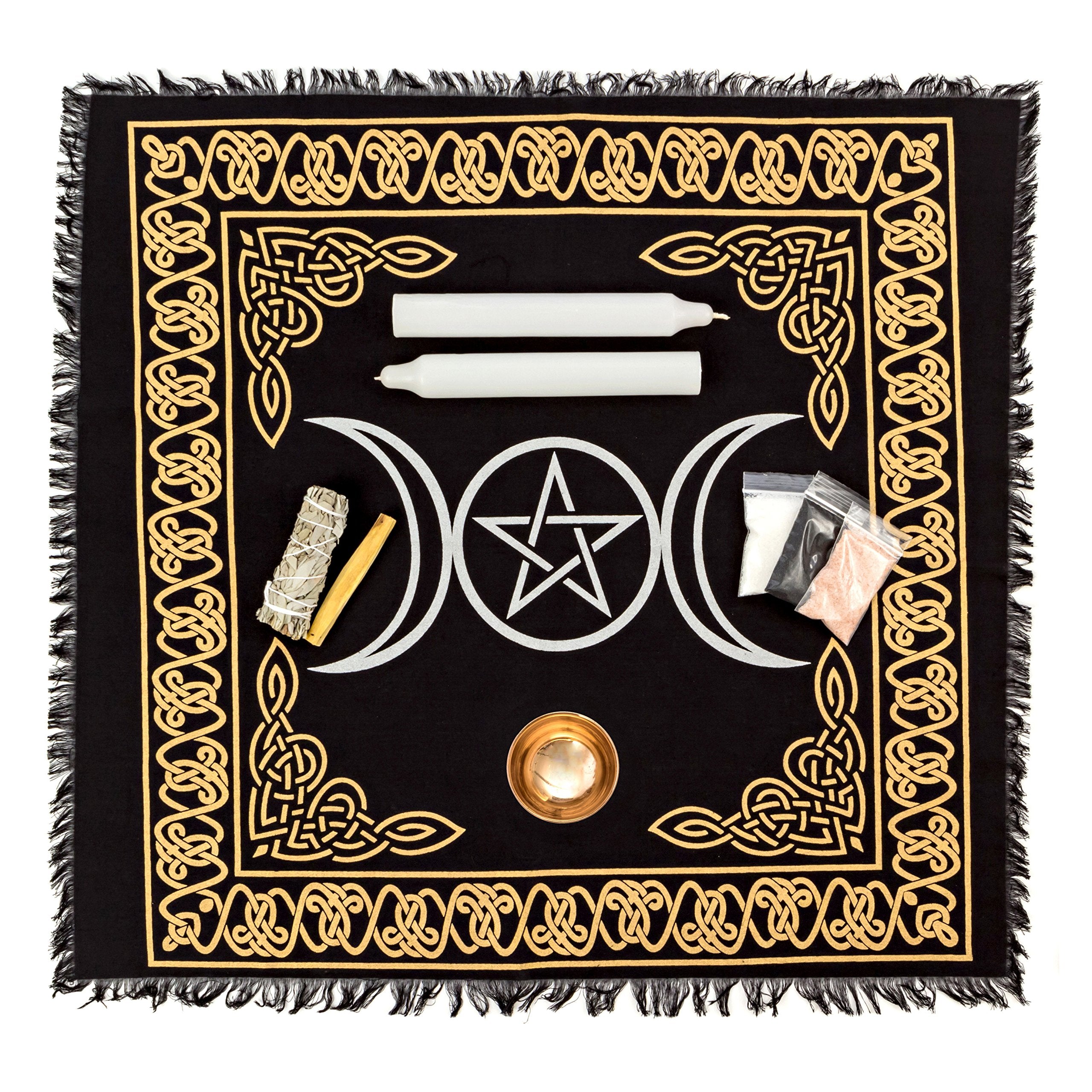 Wiccan Altar Supply Kit with Tree of Life Copper Offering Bowl - Wiccan Supplies and Tools for Beginners, Witchy Gifts, Travel