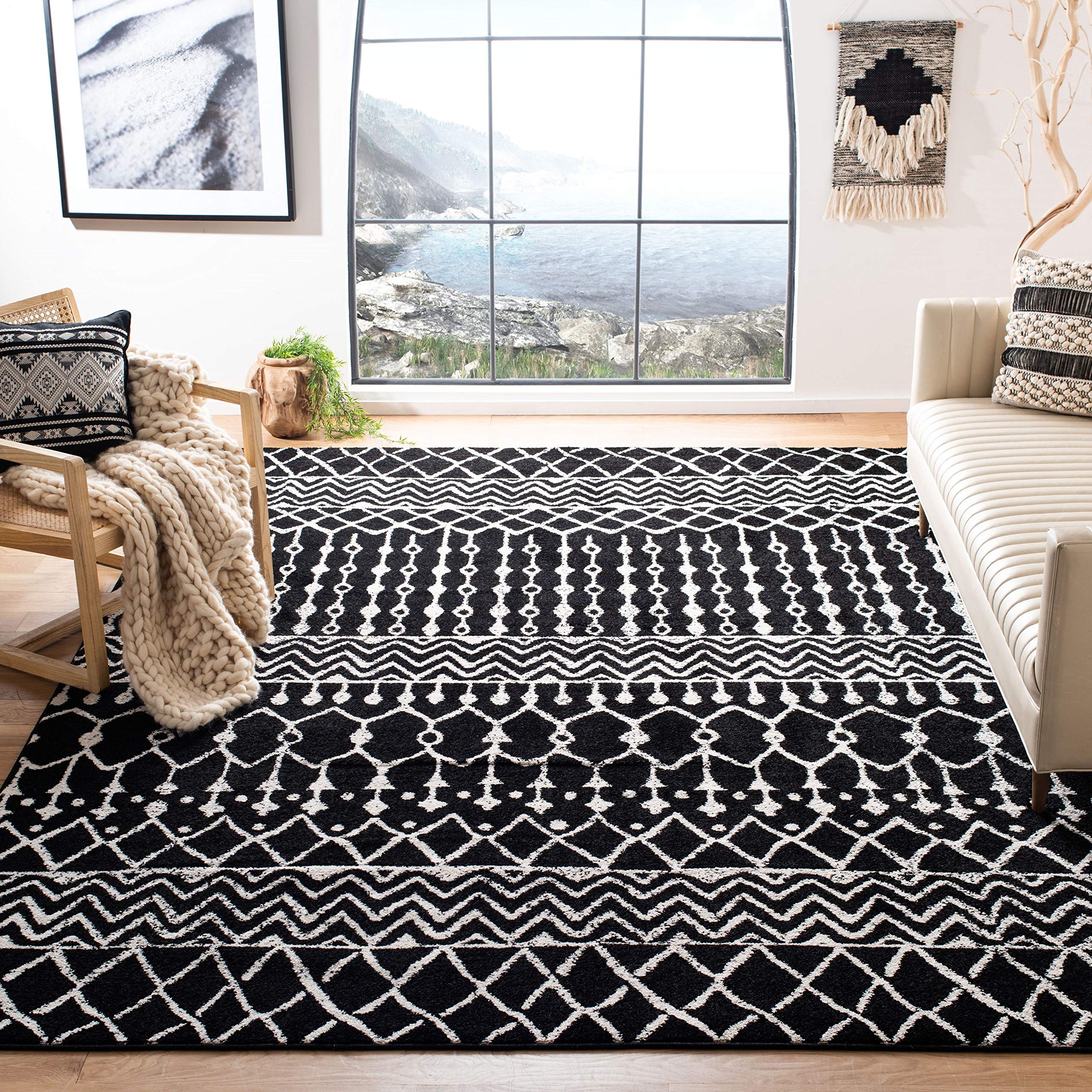 SAFAVIEH Tulum Collection Area Rug - 67 Square, Black & Ivory, Moroccan Boho Distressed Design, Non-Shedding & Easy Care, Ideal
